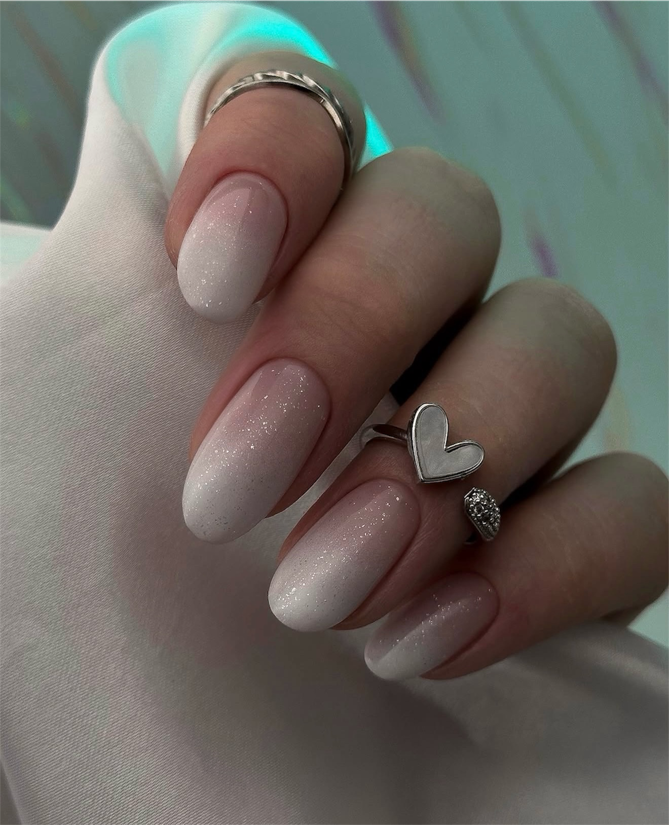 Sparkling White Pink Ombre Almond Nails