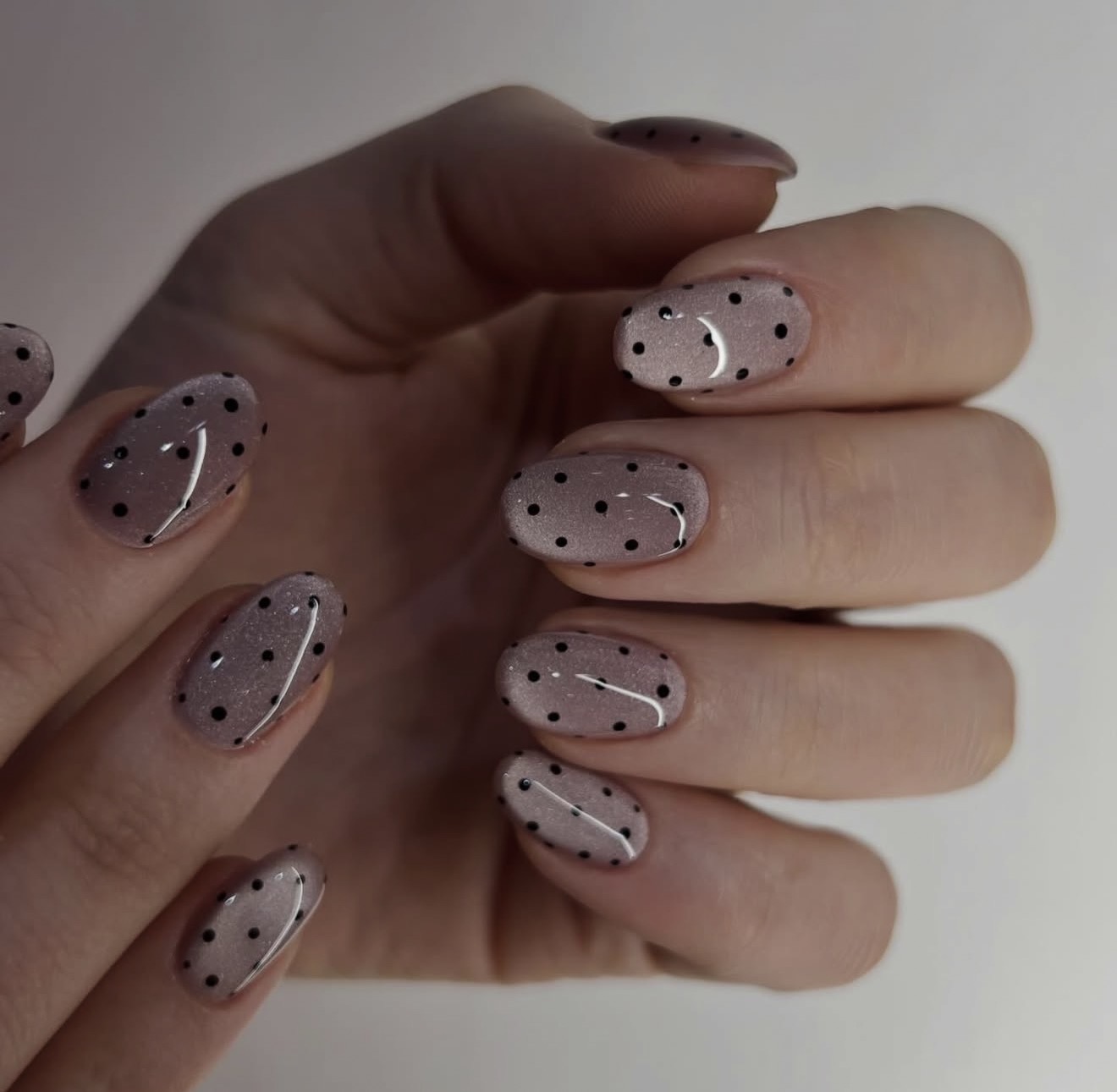 Sparkly Mauve Cat Eye Polka Dot Nails
