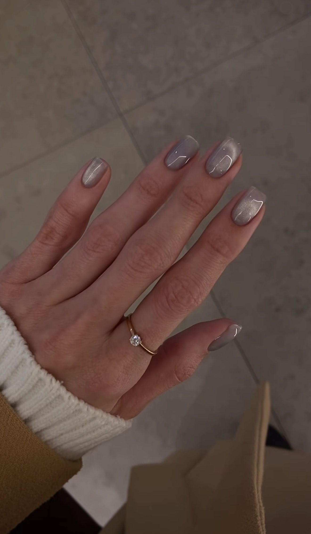 Subtle Gray Cat Eye Short Oval Nails