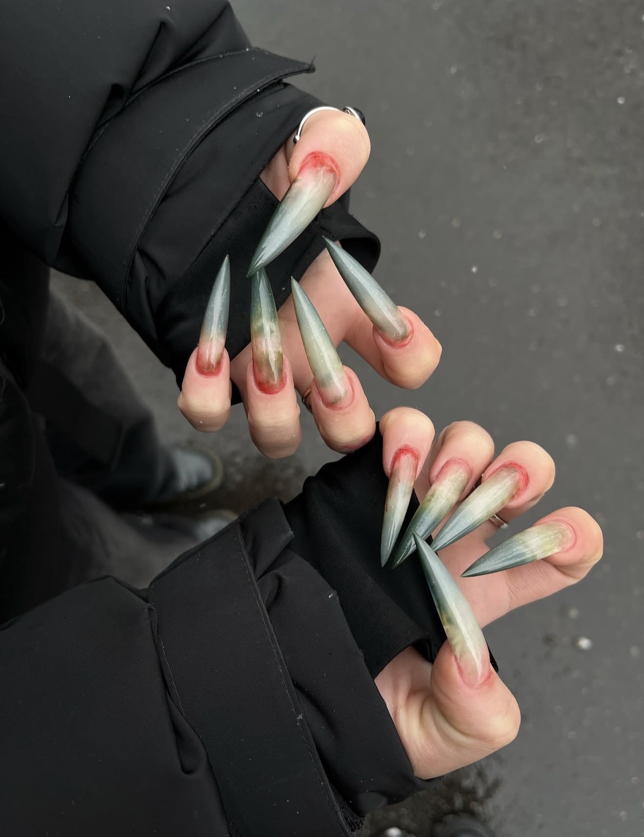 Translucent Stiletto Nails with Red and Green Ombre