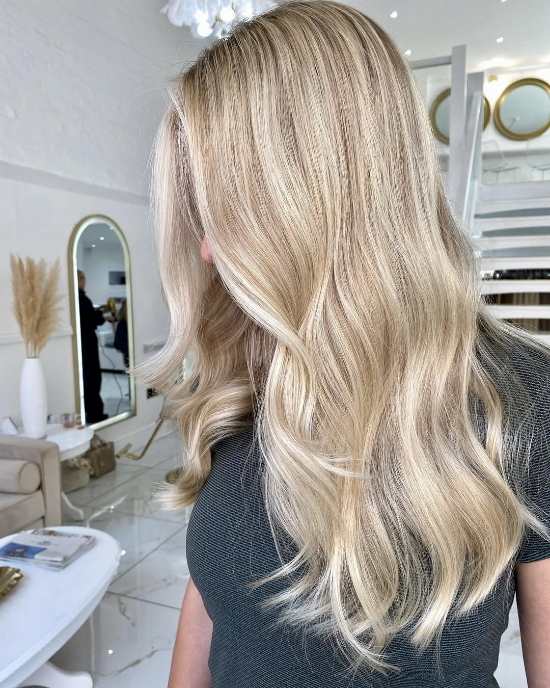 Warm Blonde Balayage Long Layers With Soft Waves