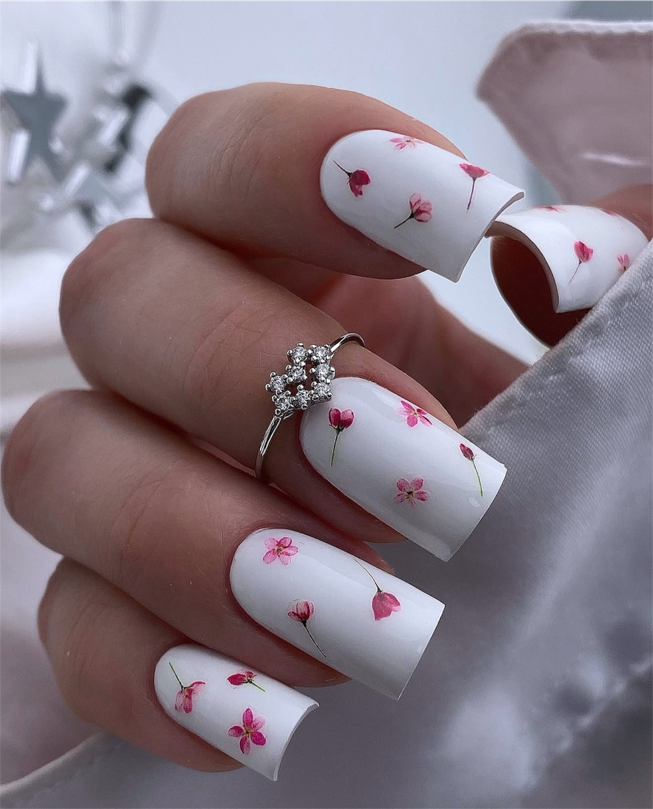 White Floral Square Nails with Pink Blossoms