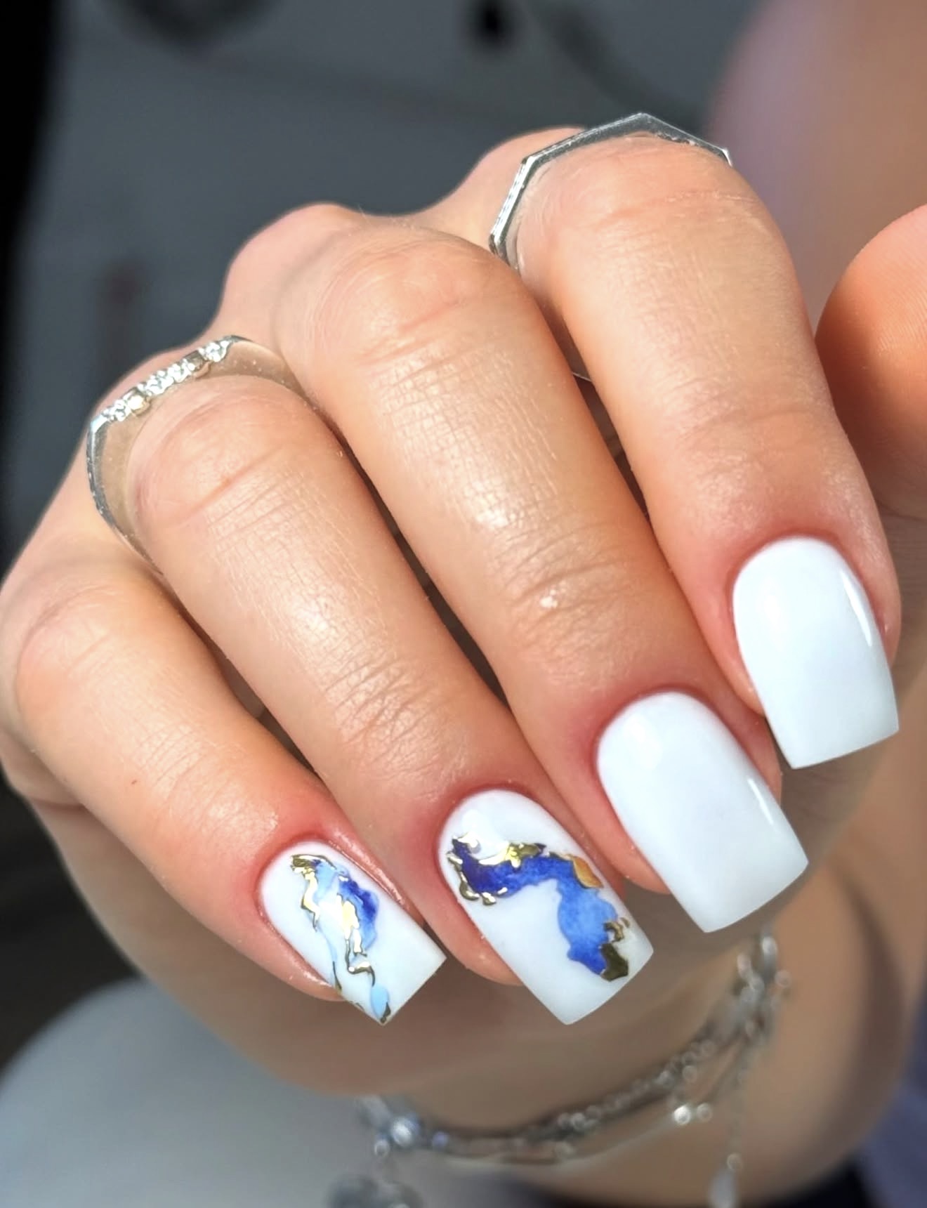 White Marble Swirl Square Nails with Gold Accents