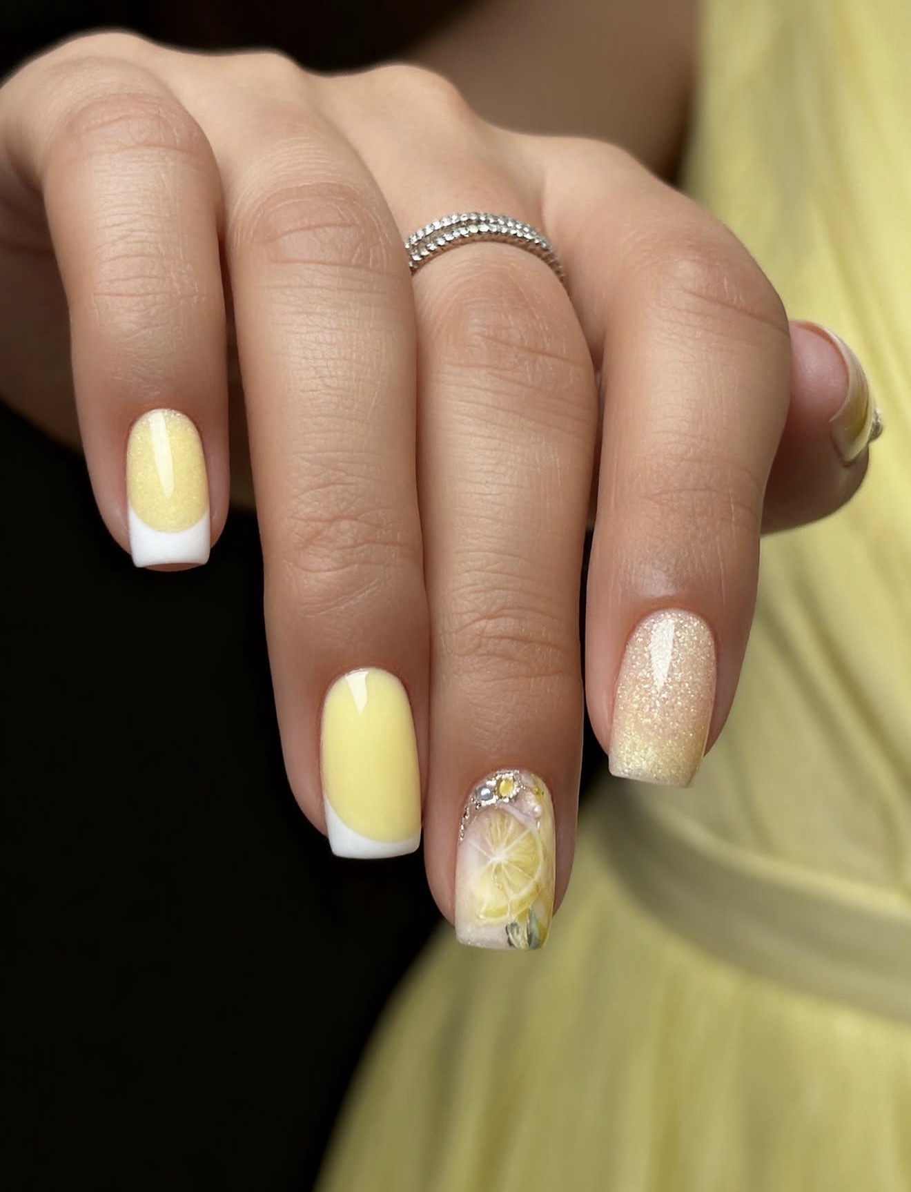 Zesty Lemon French Tip Glitter Nails