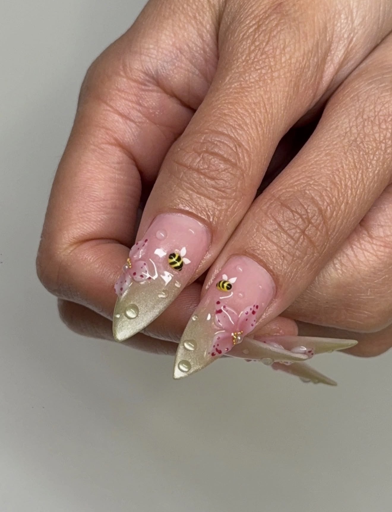 3D Bee Garden French Tip Stiletto Nails