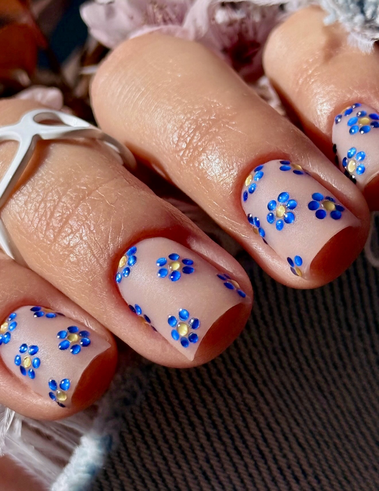 3D Blue Floral Accent Nails with Gold Centers