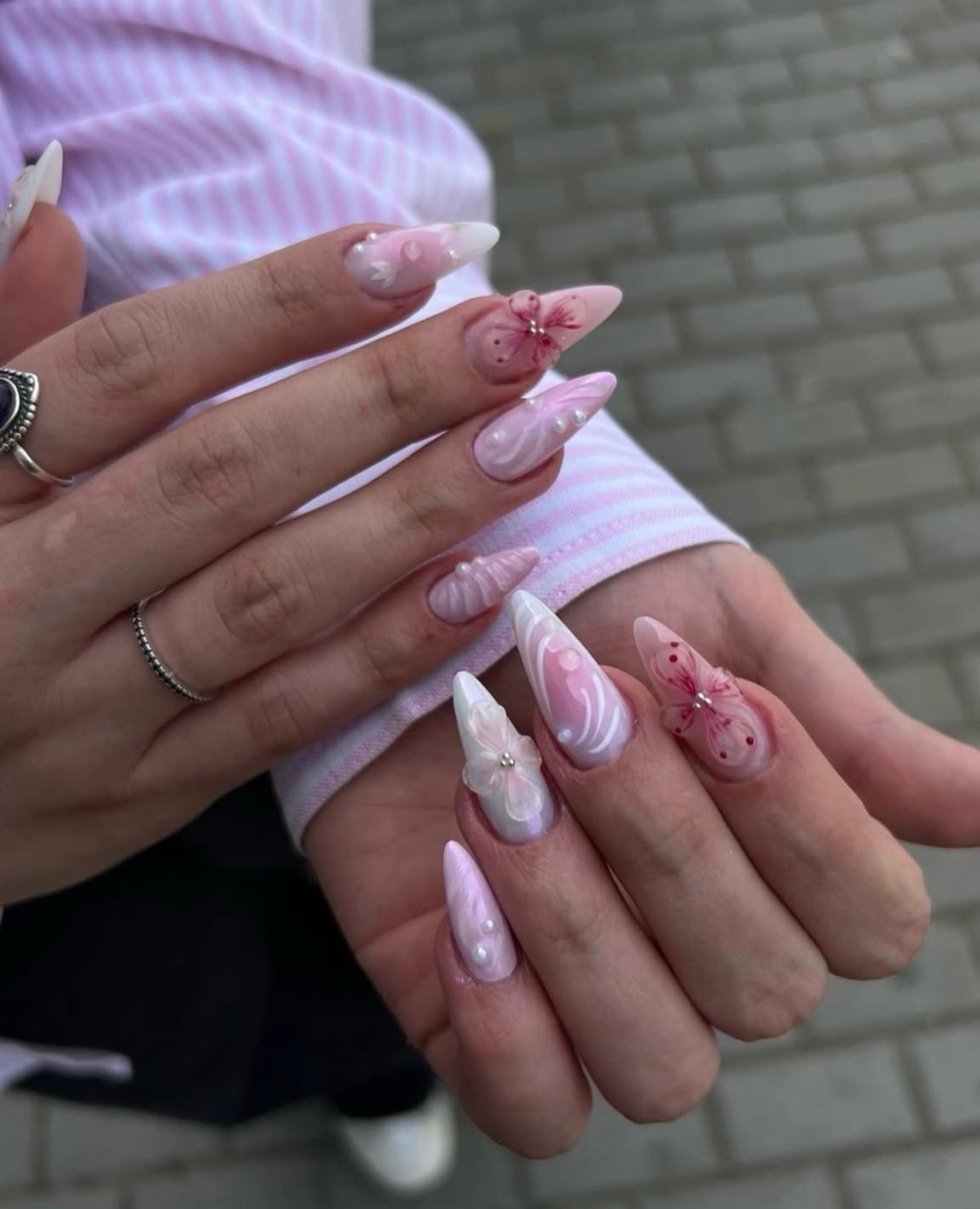 3D Butterflies and Pearls Stiletto Nails