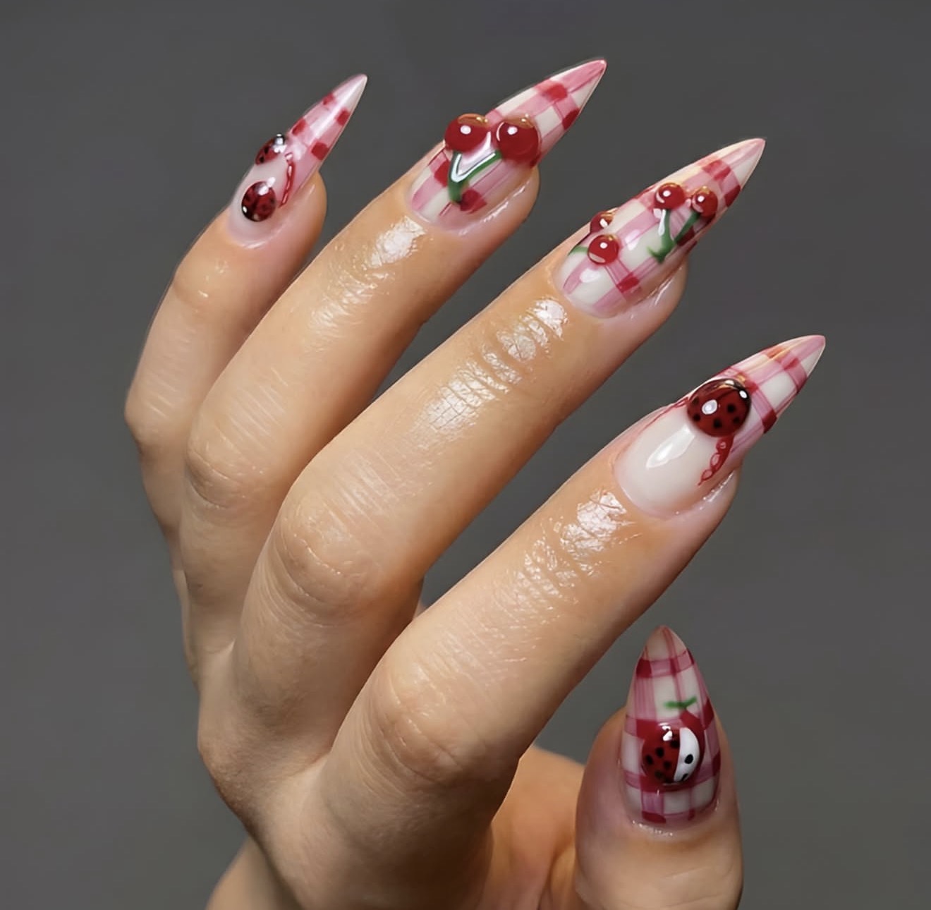 3D Cherry & Ladybug Plaid Stiletto Nails