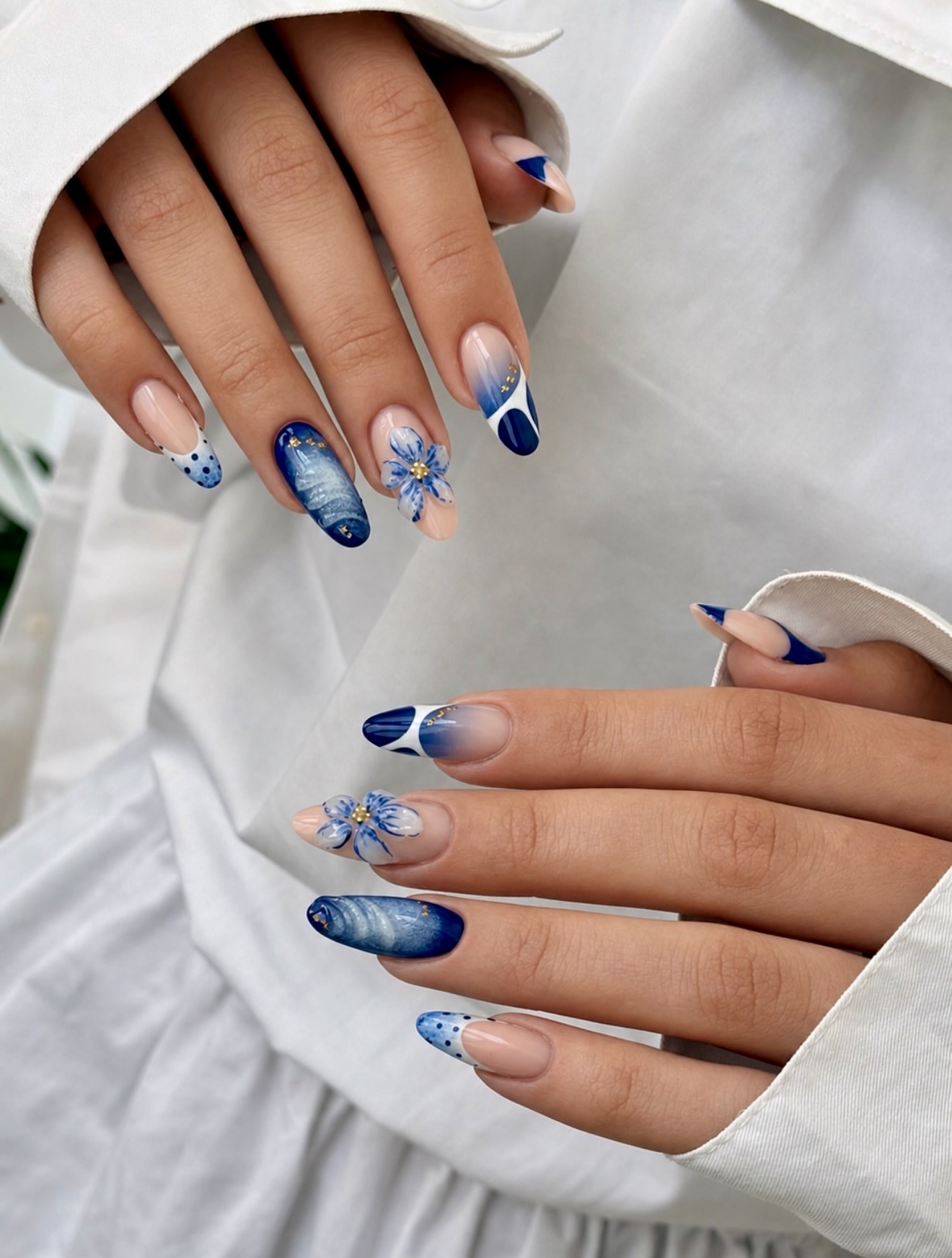 3D Floral Blue Ombre Almond Nails