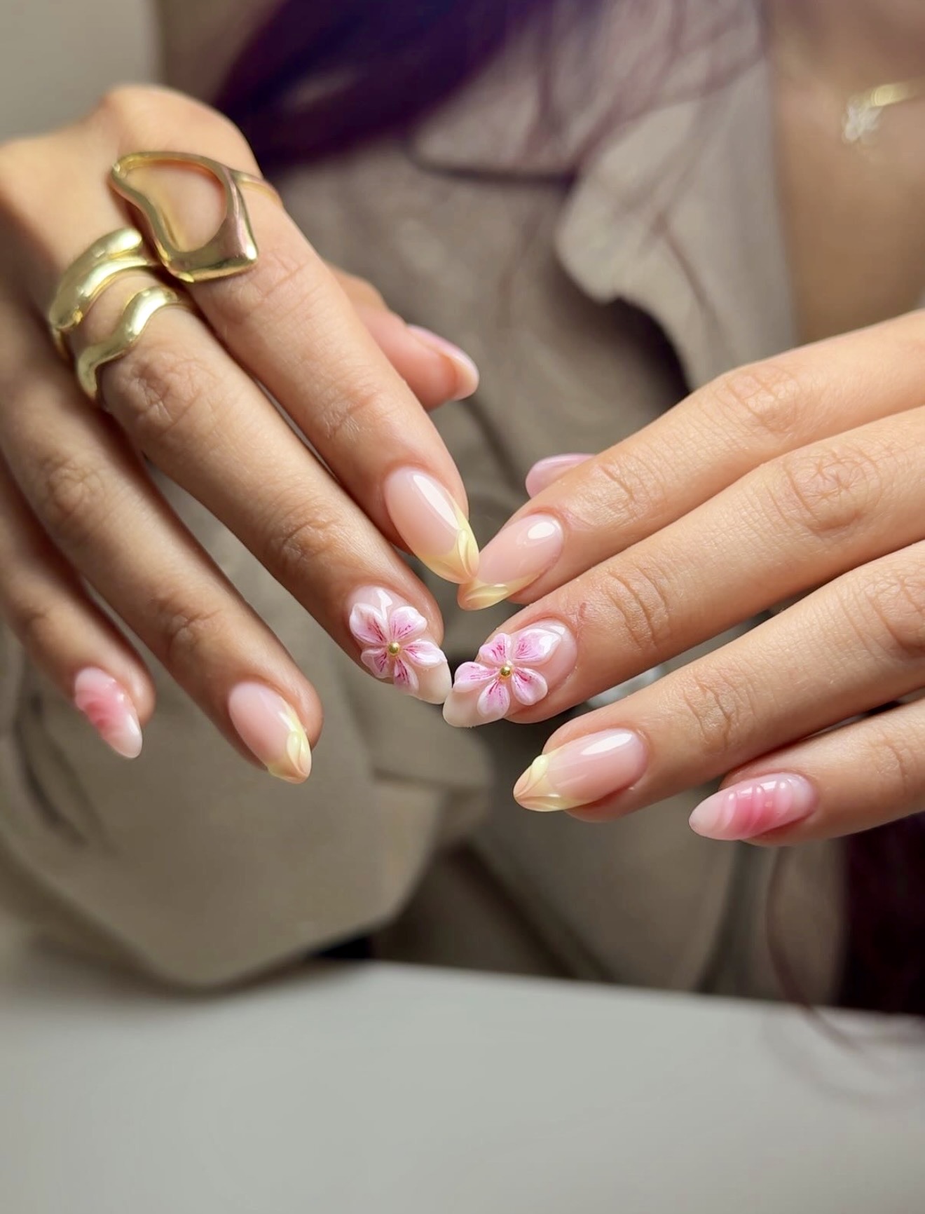 3D Floral French Almond Nails