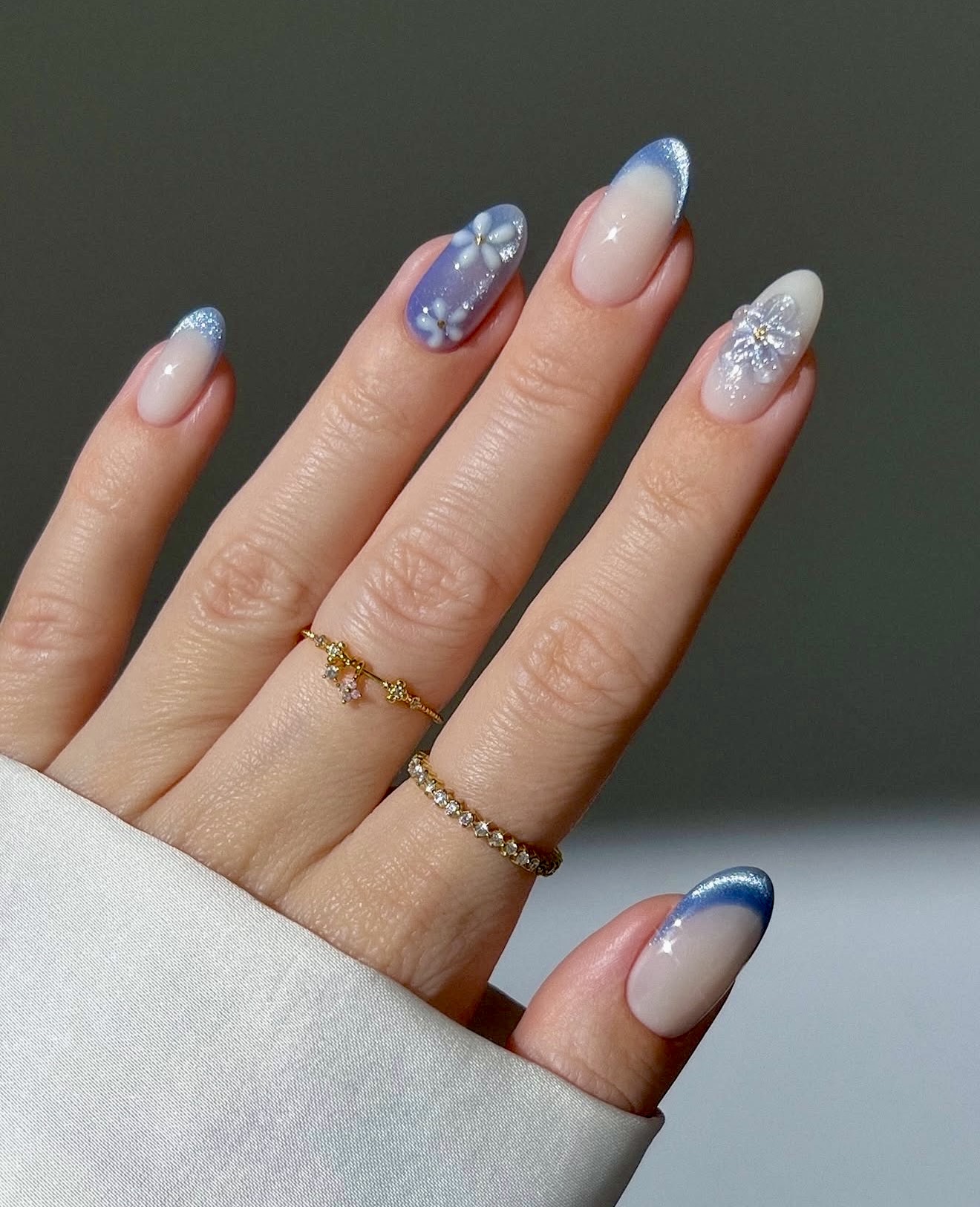 3D Floral French Almond Nails with Blue Chrome Tips