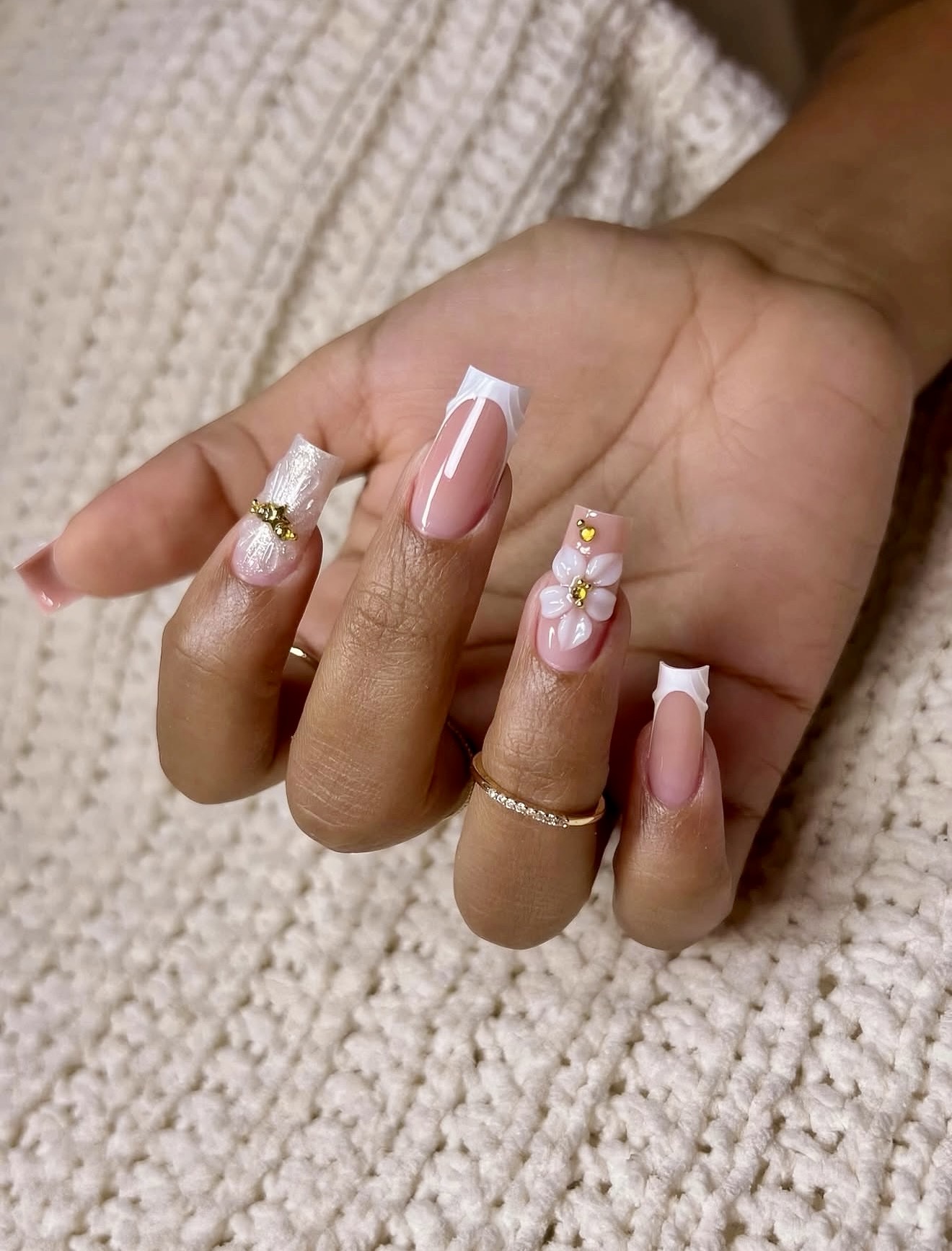 3D Floral French Tip Almond Nails