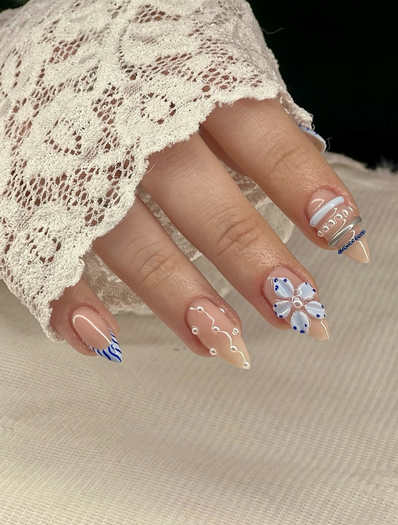 3D Floral French Tip Almond Nails