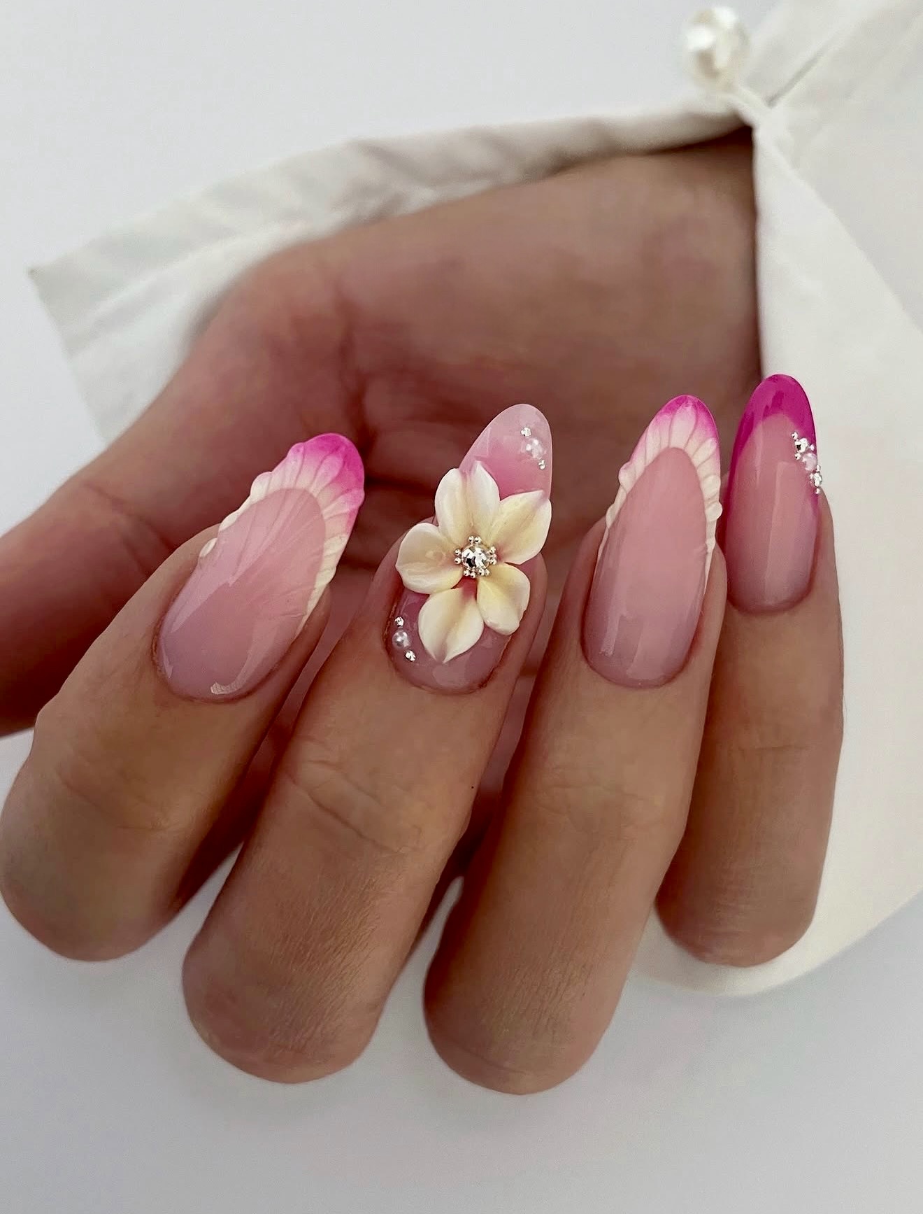 3D Floral French Tip Almond Nails