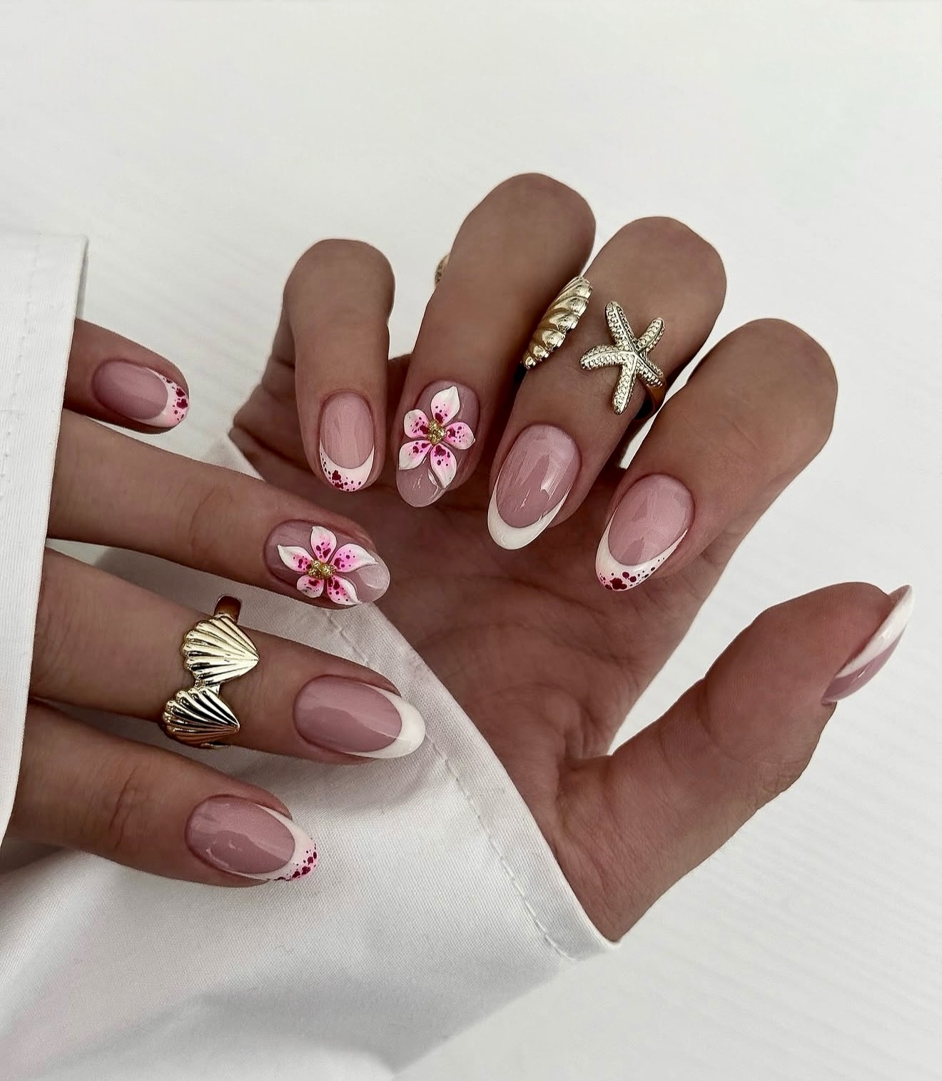 3D Floral French Tip Almond Nails