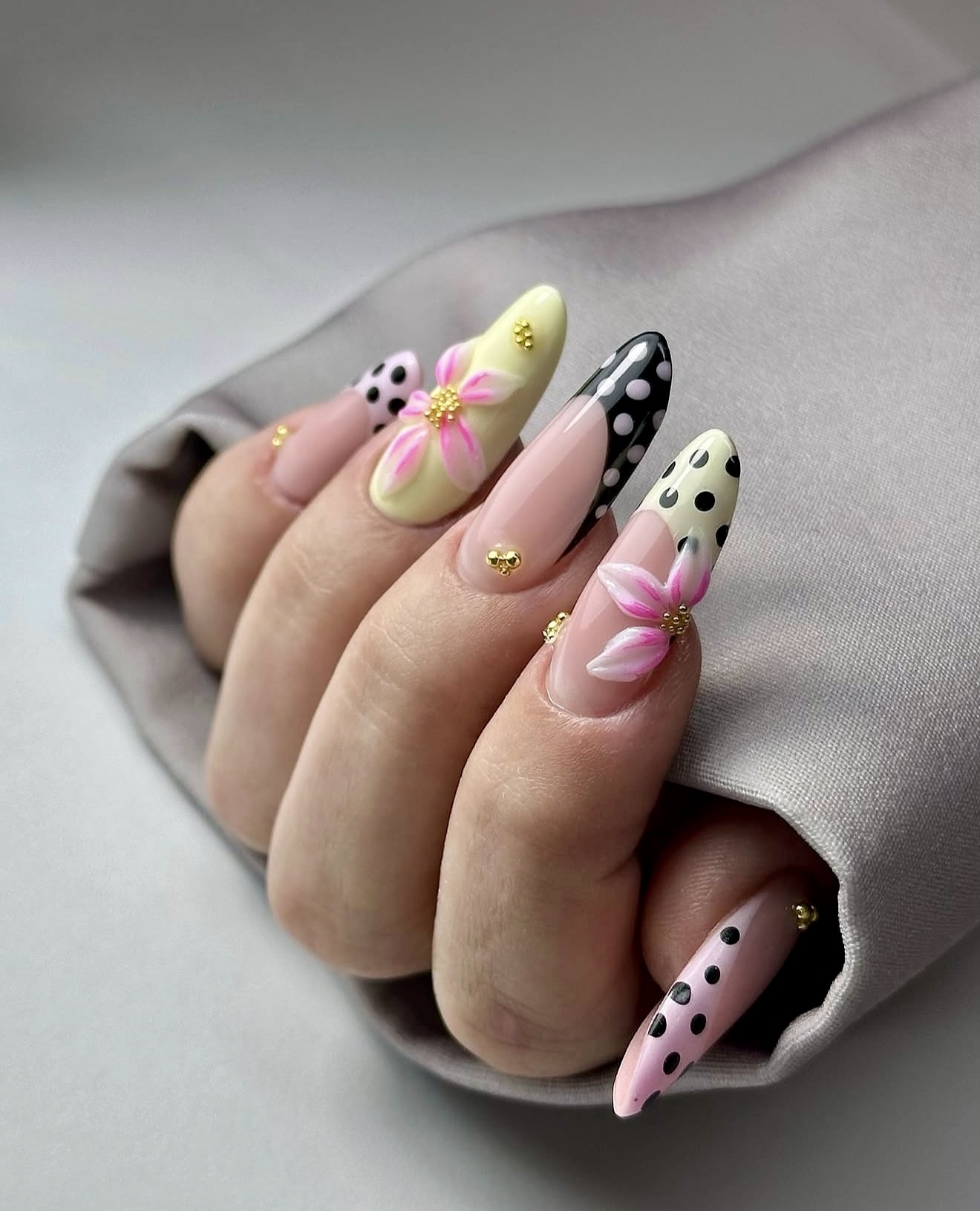 3D Floral French Tip Almond Nails