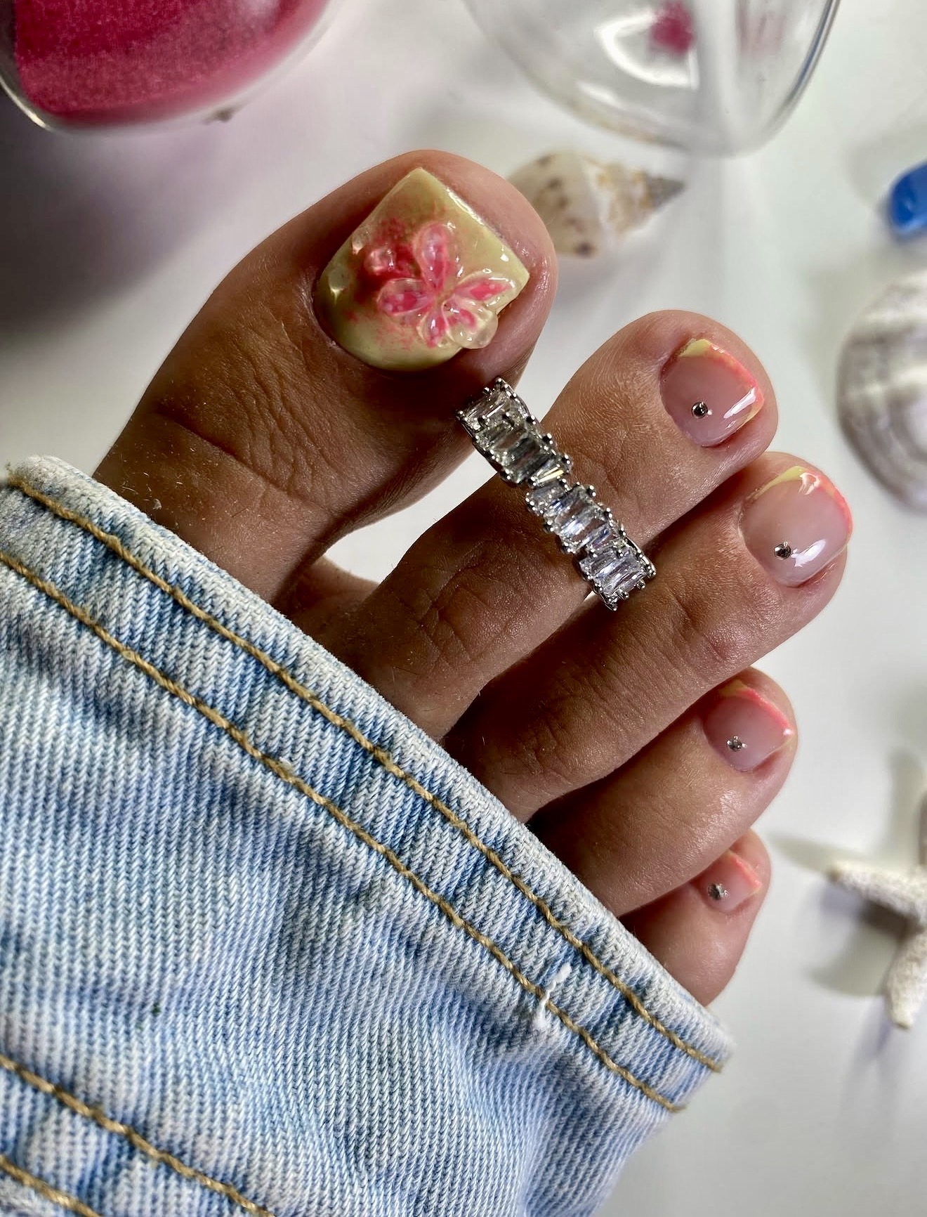 3D Floral French Tip Pedicure with Rhinestone Accents