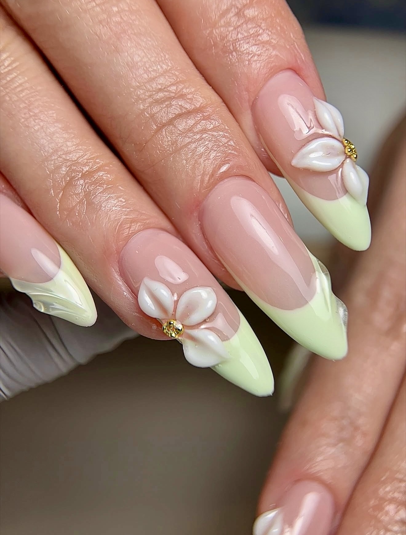 3D Floral French Tip Stiletto Nails