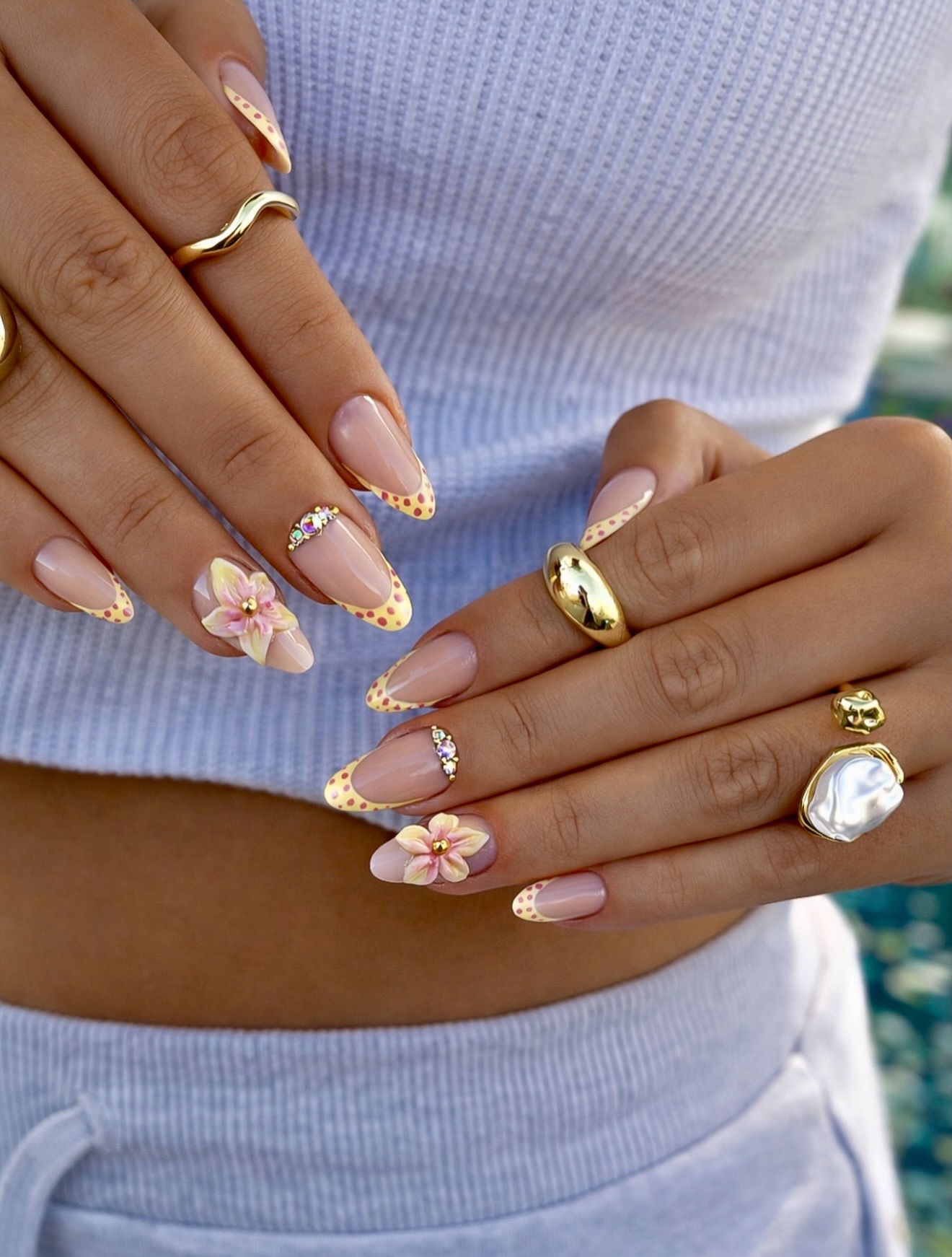 3D Floral French Tips with Polka Dot Accents