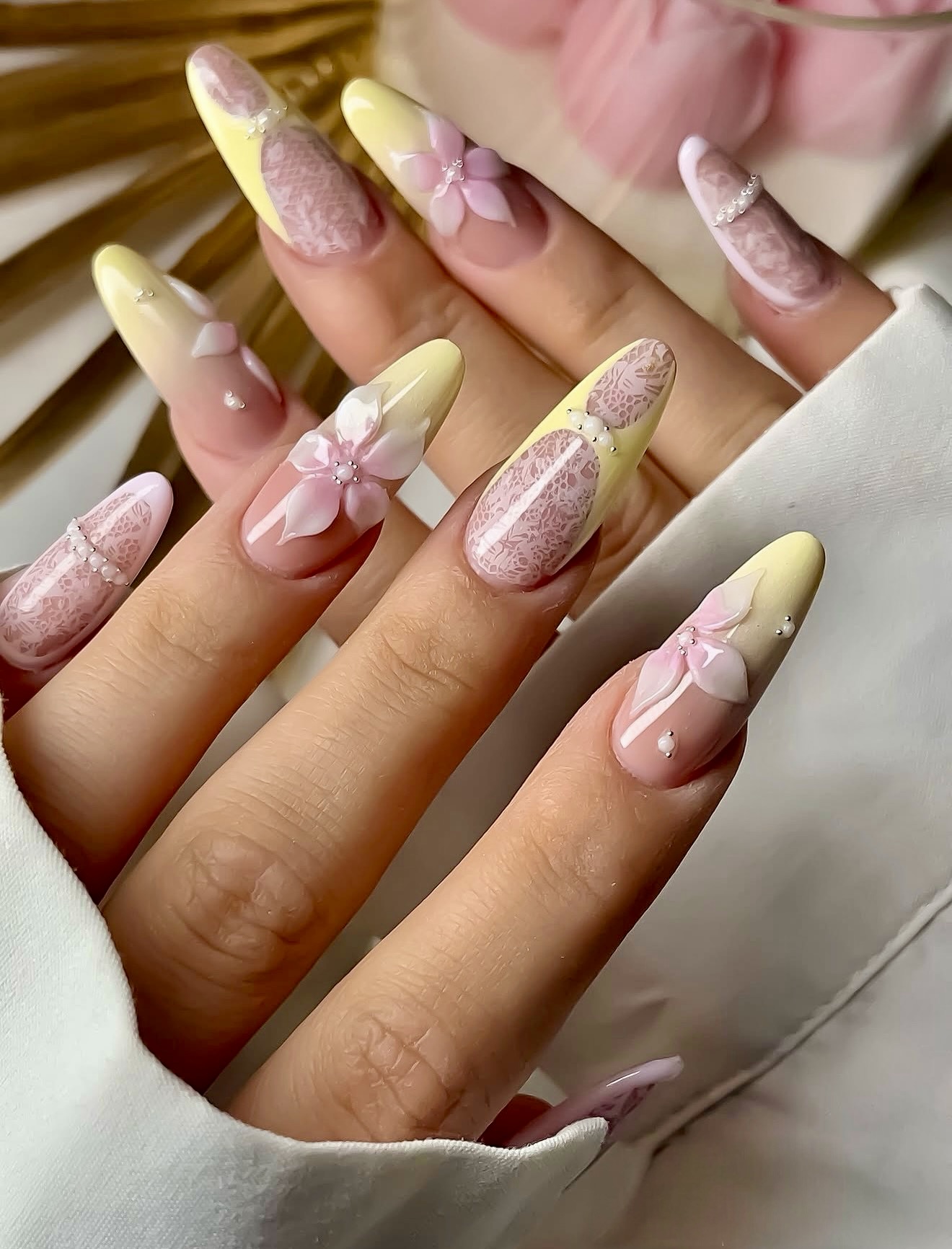 3D Floral Ombre Almond Nails with Lace Detail
