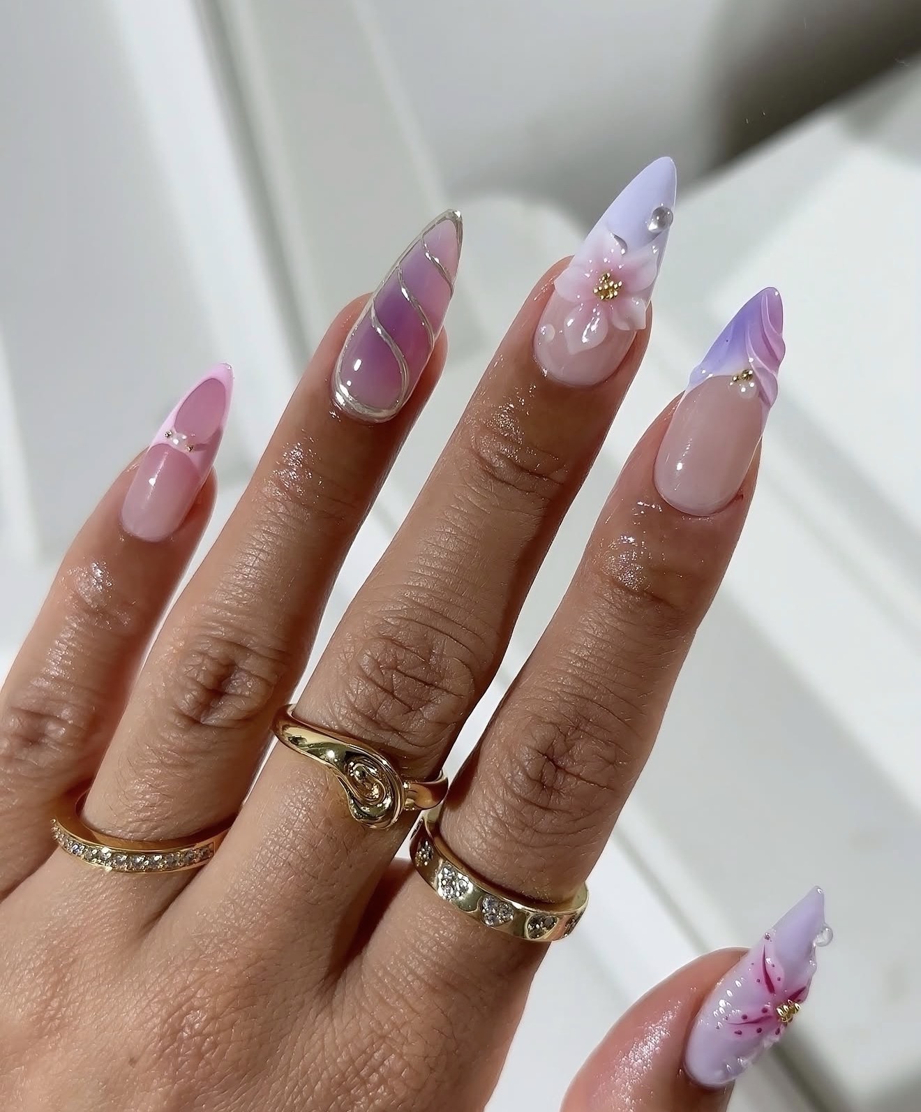 3D Floral Ombre Stiletto Nails With Rhinestone Accents