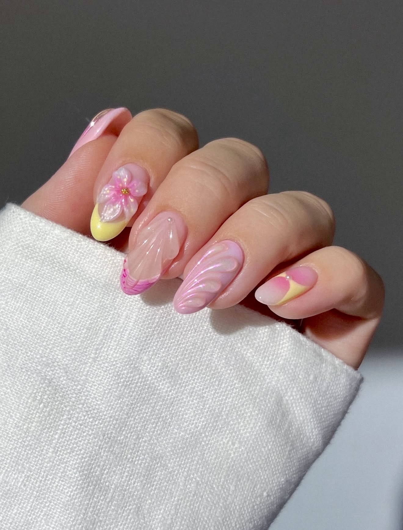 3D Floral Pastel Swirl Almond Nails