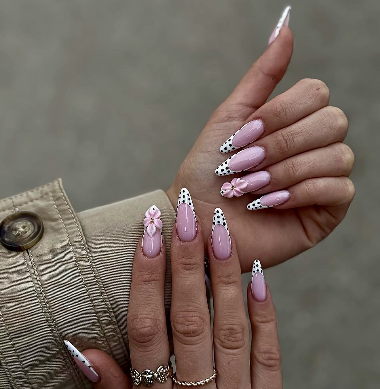 3D Floral Polka Dot French Tip Almond Nails