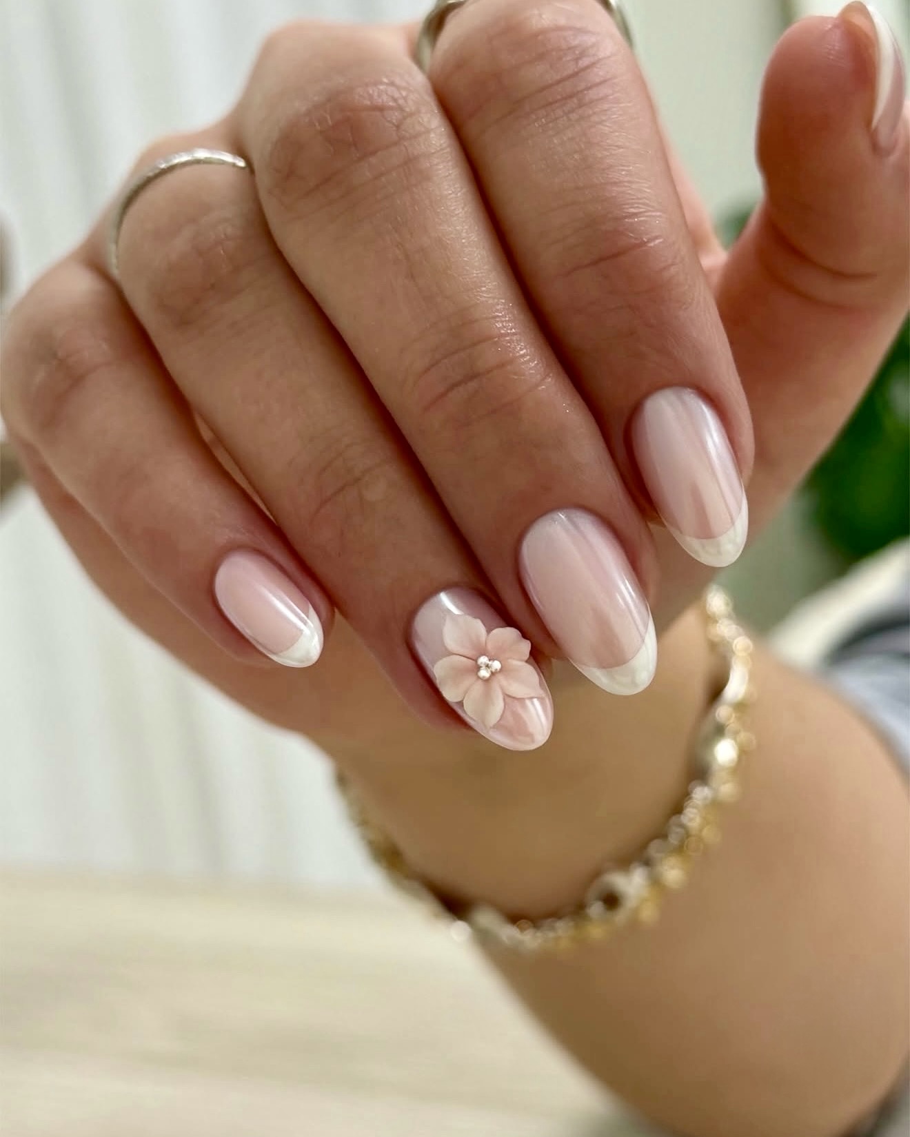 3D Flower French Oval Nails