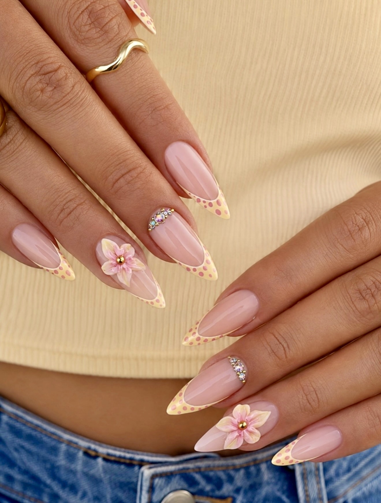 3D Flower French Tip Stiletto Nails
