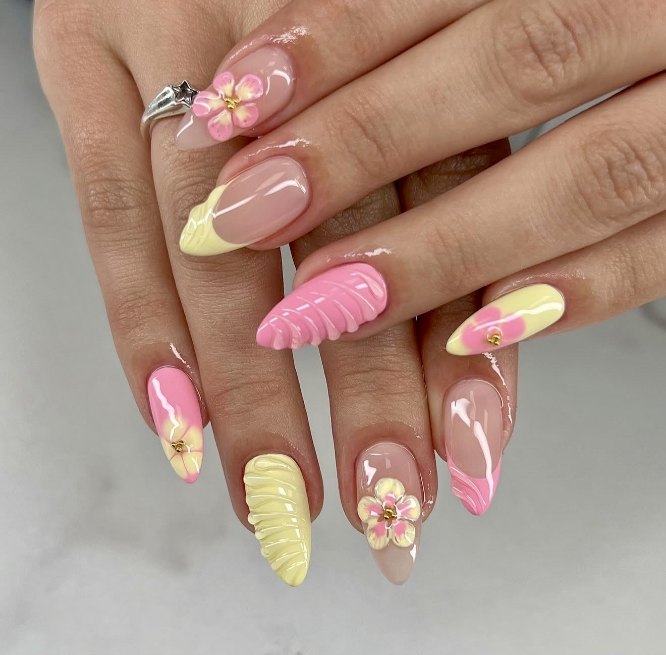 3D Flower Pink and Yellow French Almond Nails