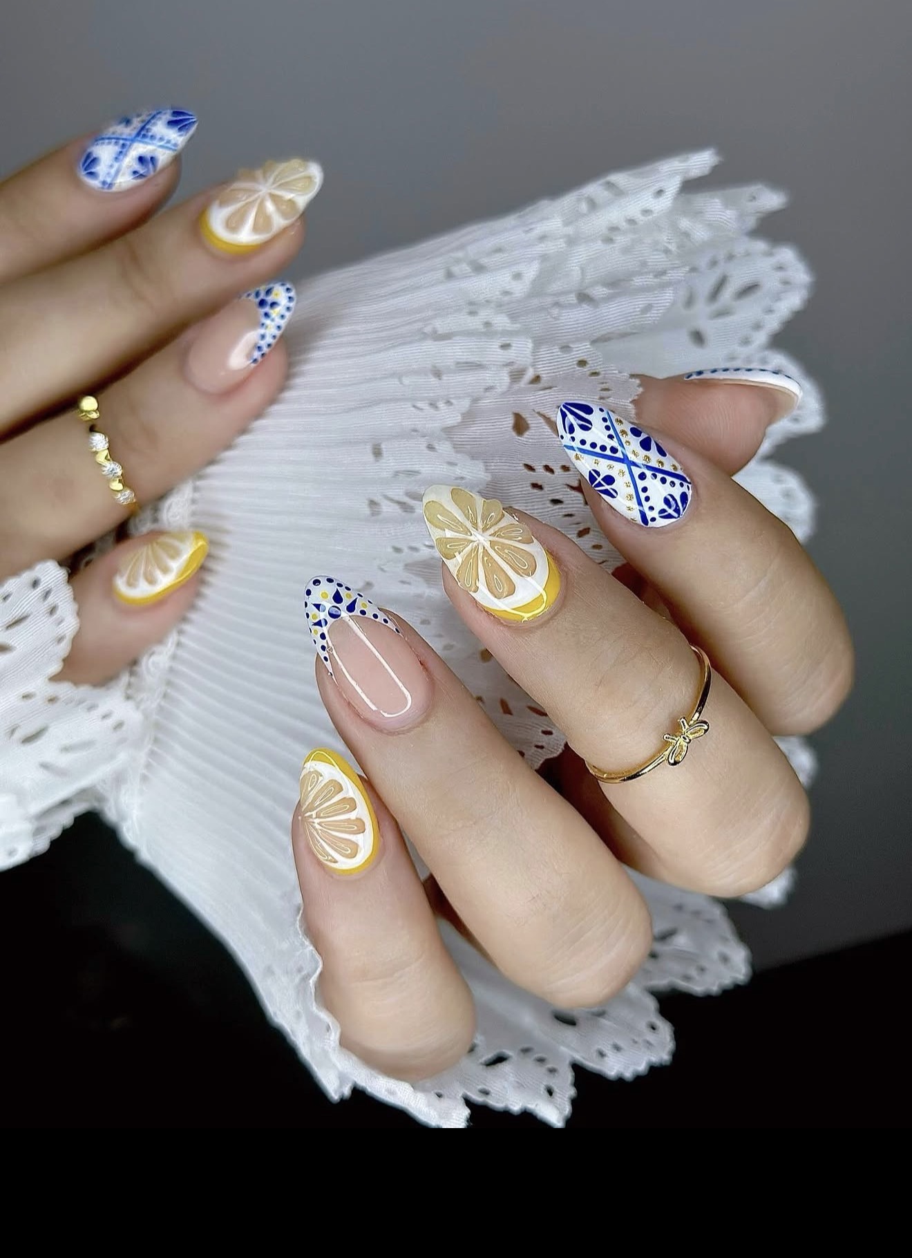 3D Lemon Slice Almond French Nails