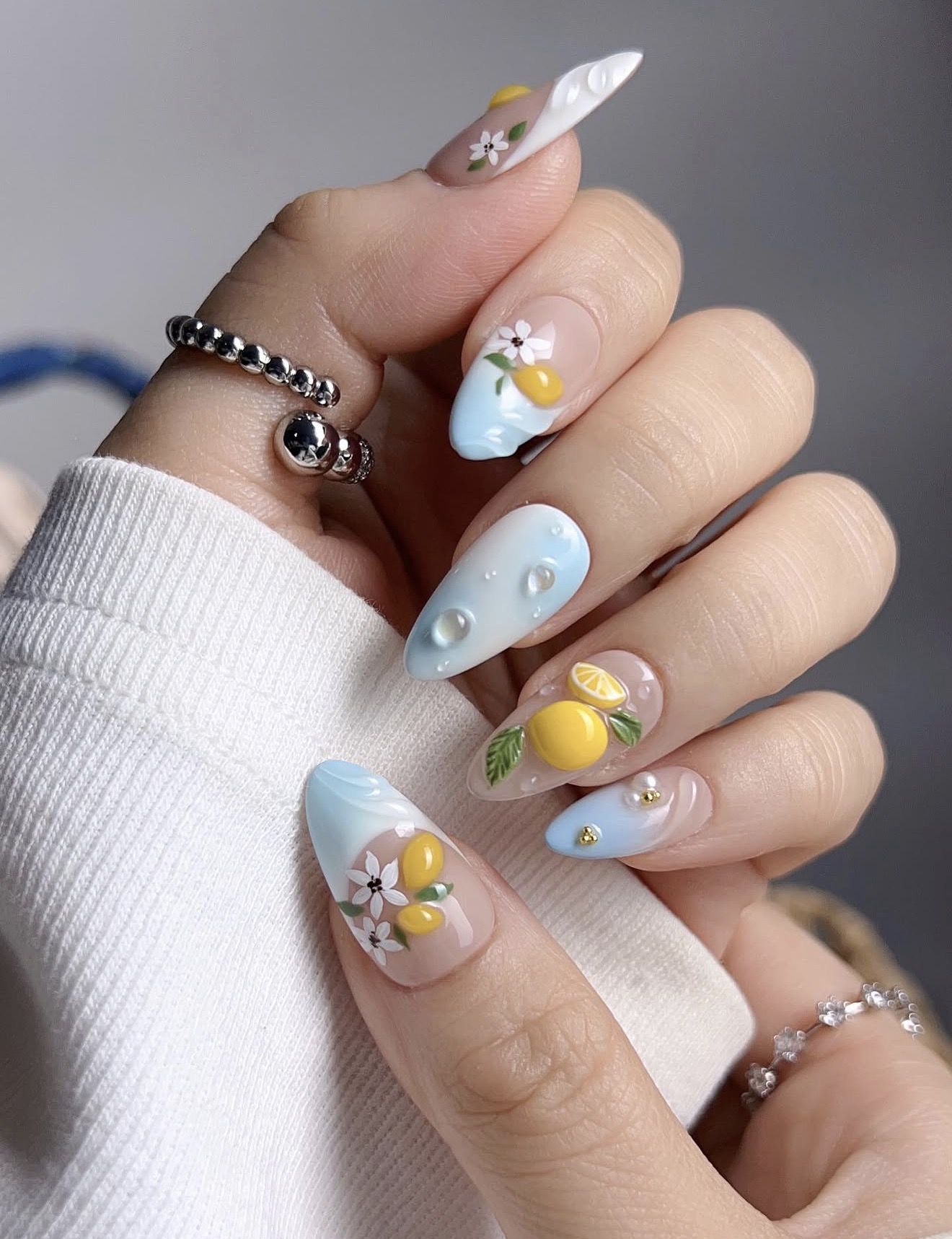 3D Lemonade Stand Floral Almond Nails