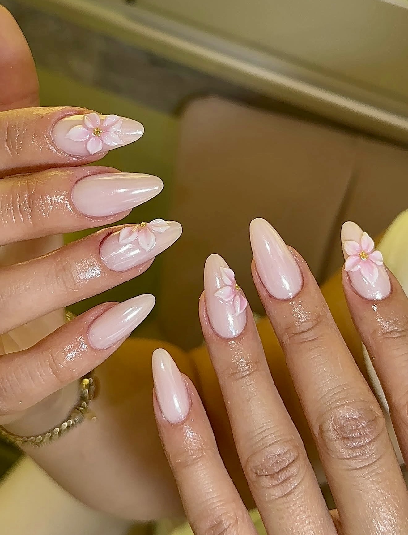 3D Pink Blossom Almond Nails with Gold Accent