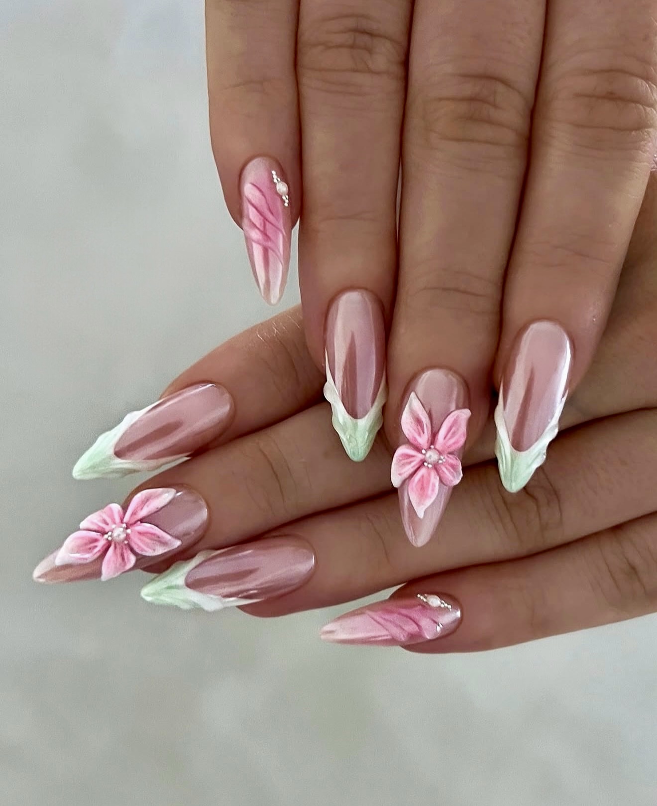 3D Pink Floral French Almond Nails