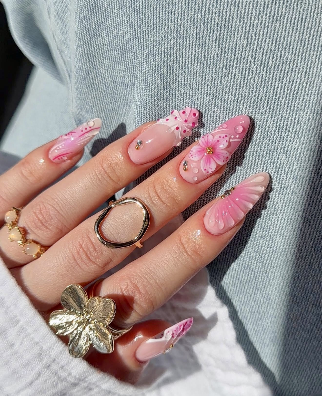 3D Pink Floral French Tip Almond Nails