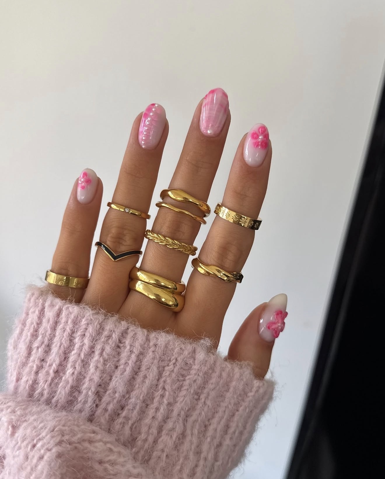 3D Pink Floral Milky Almond Nails