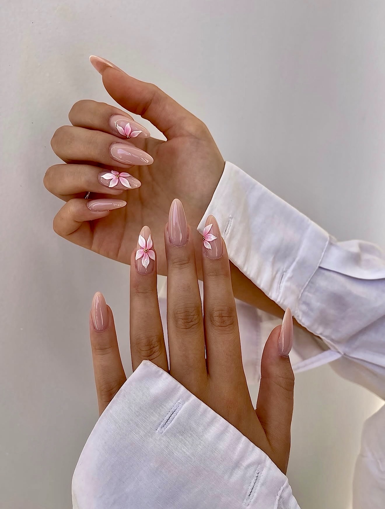 3D Pink Flower Almond Nails With Nude Base