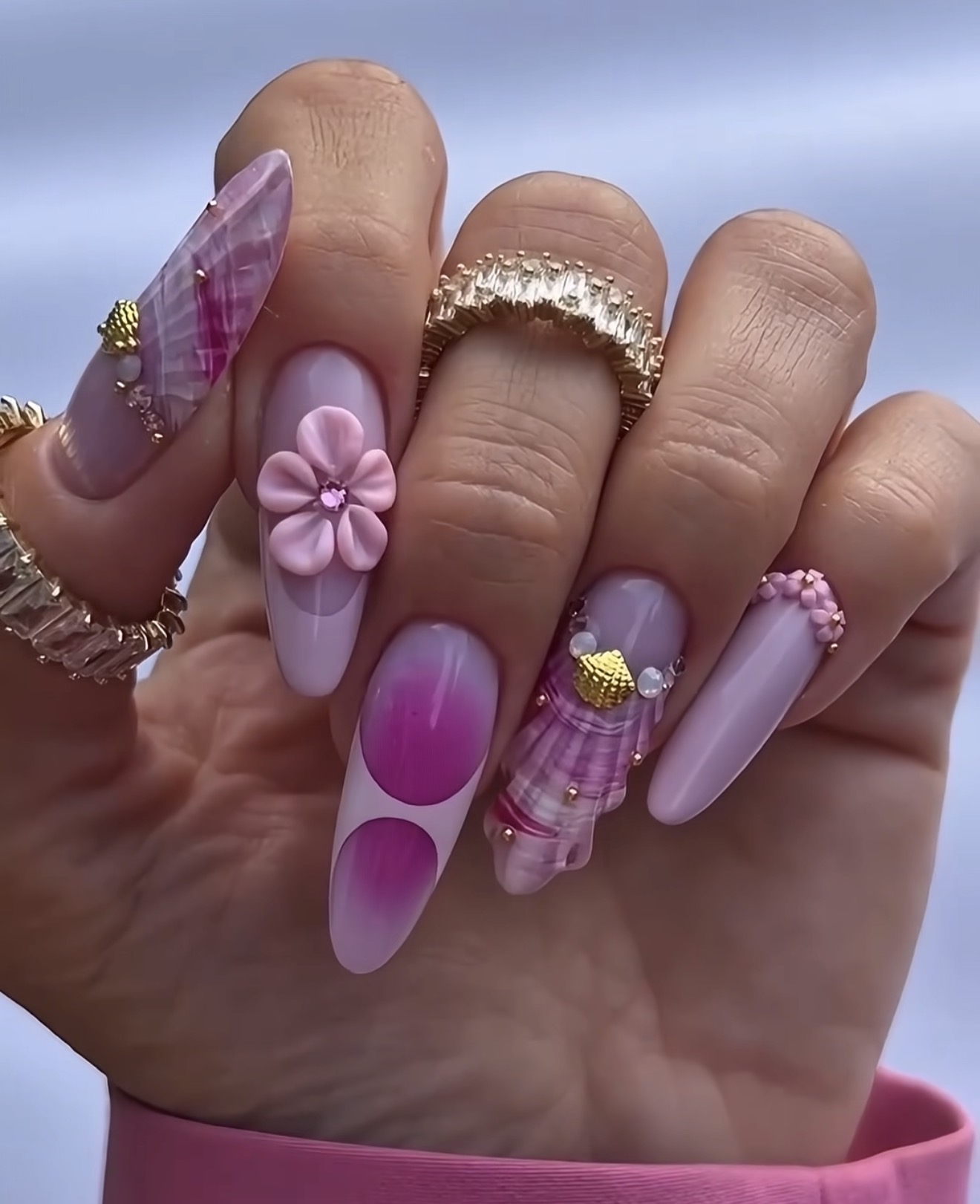 3D Pink Flower and Seashell Encased Coffin Nails