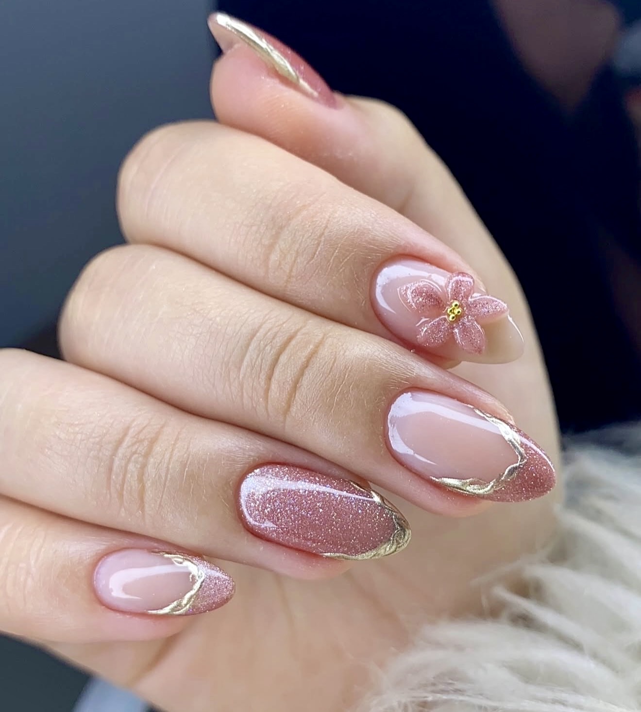 3D Rhinestone Flower Almond Nails
