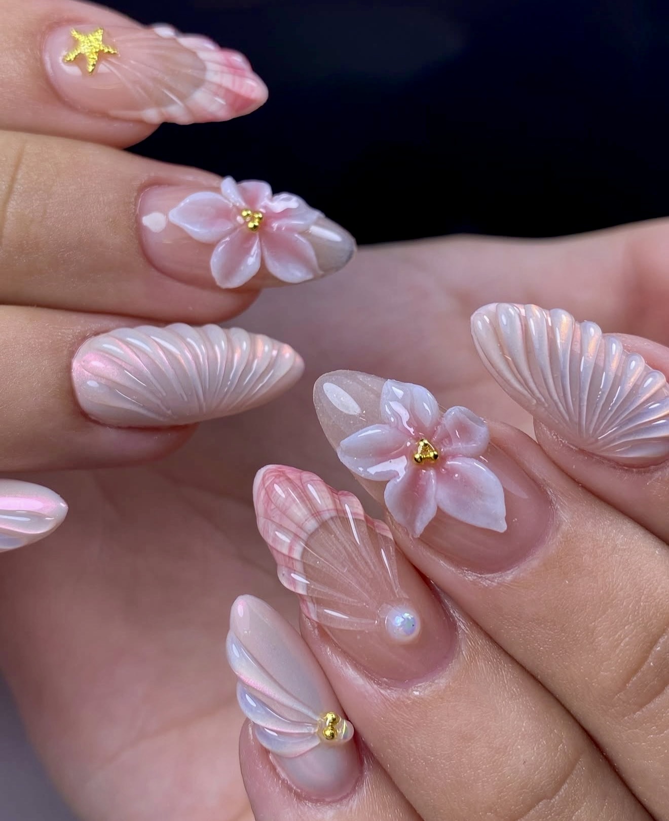 3D Seashell Flower Almond Gel Nails
