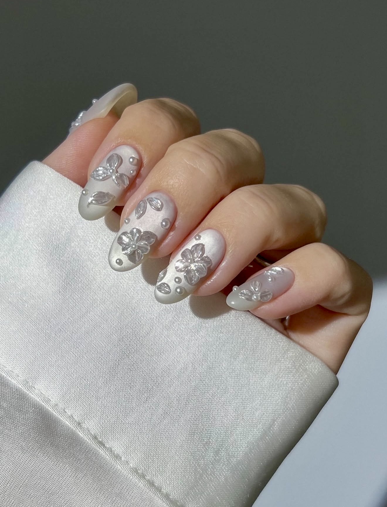 3D Silver Floral Almond Chrome Nails