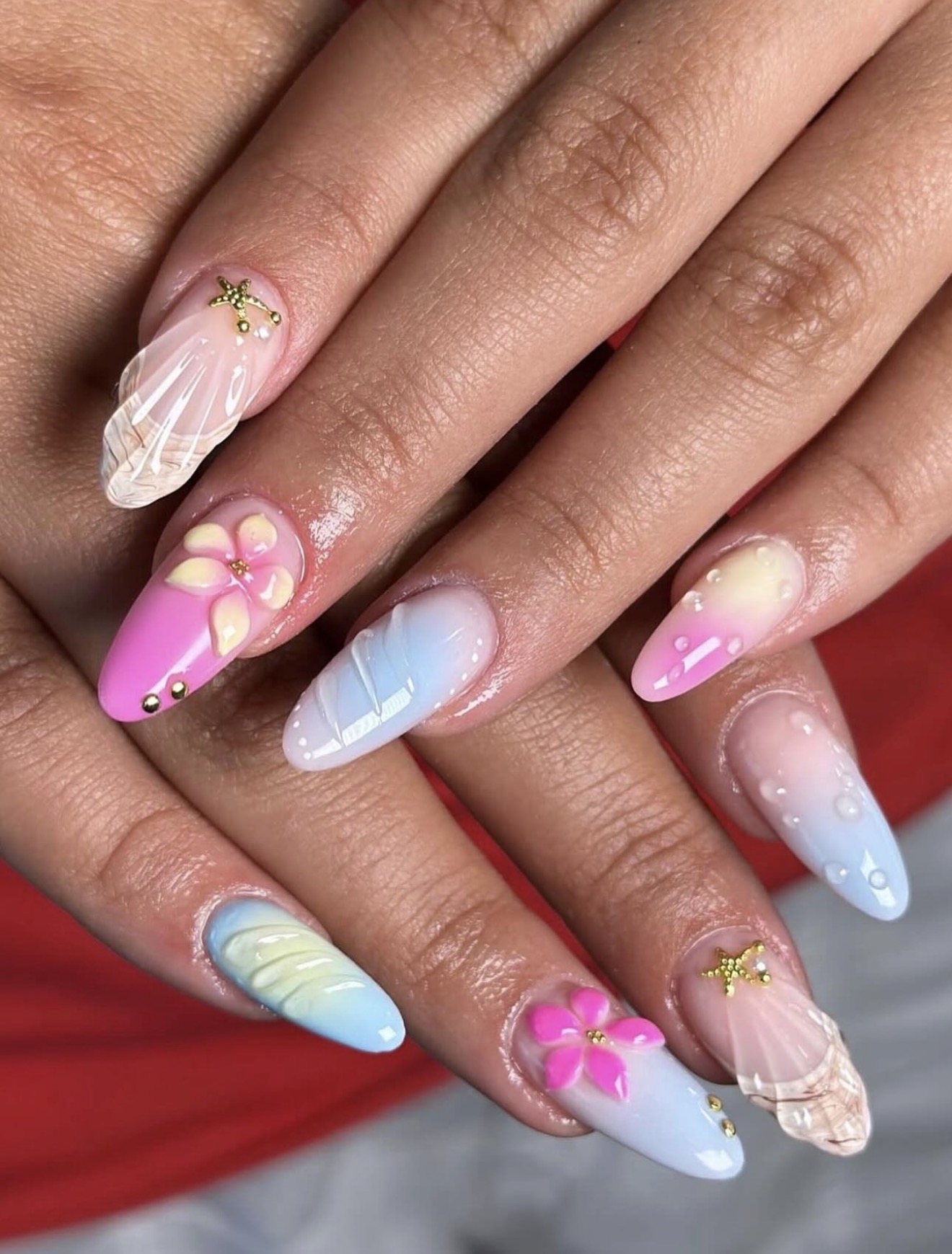 3D Water Droplet & Flower Ombre Almond Nails