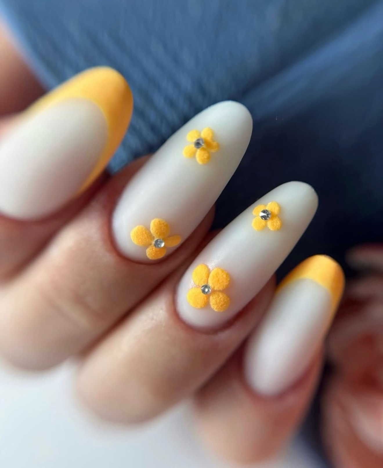 3D Yellow Flower French Tip Almond Nails