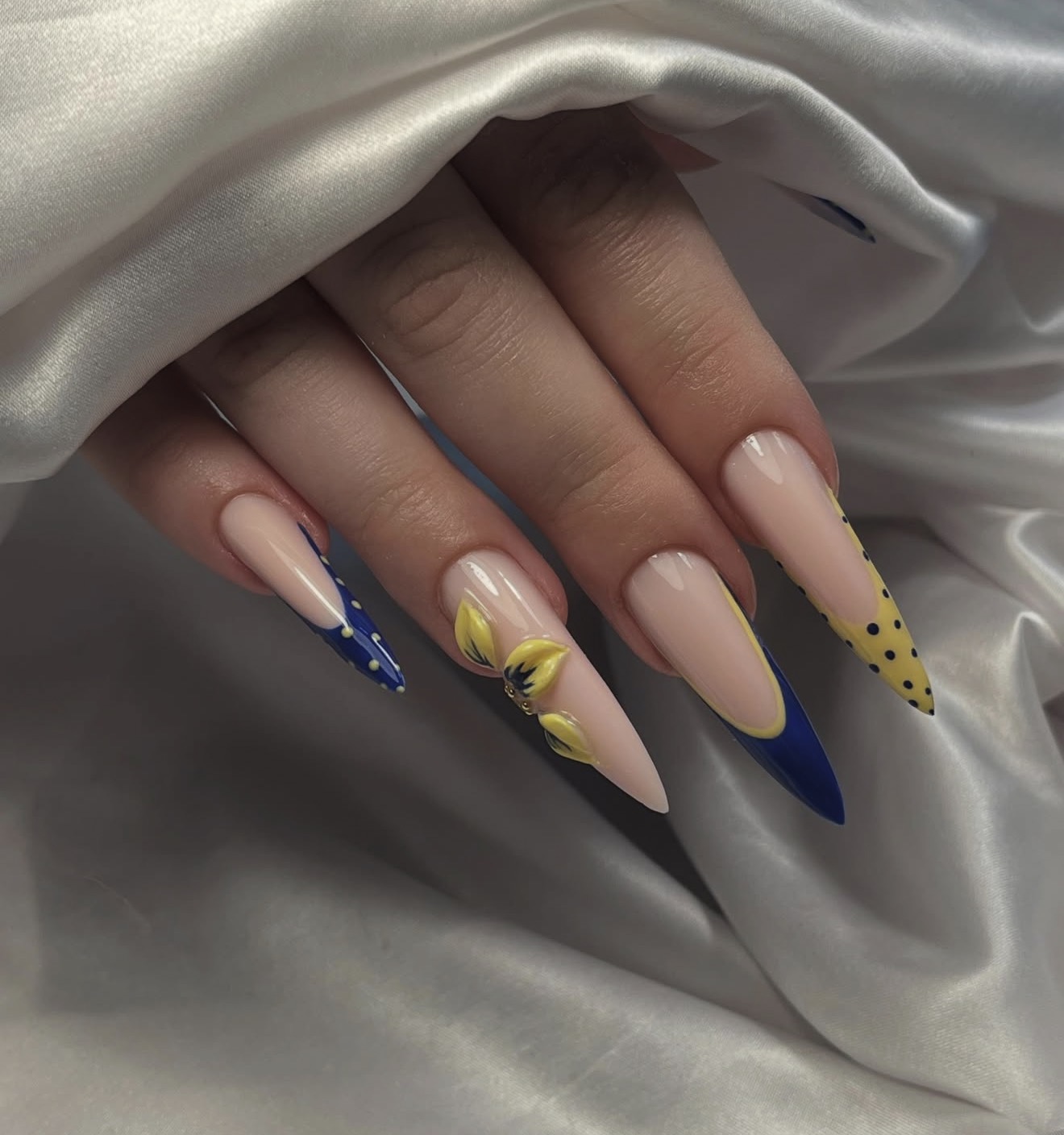 3D Yellow Flower & Polka Dot French Stilettos