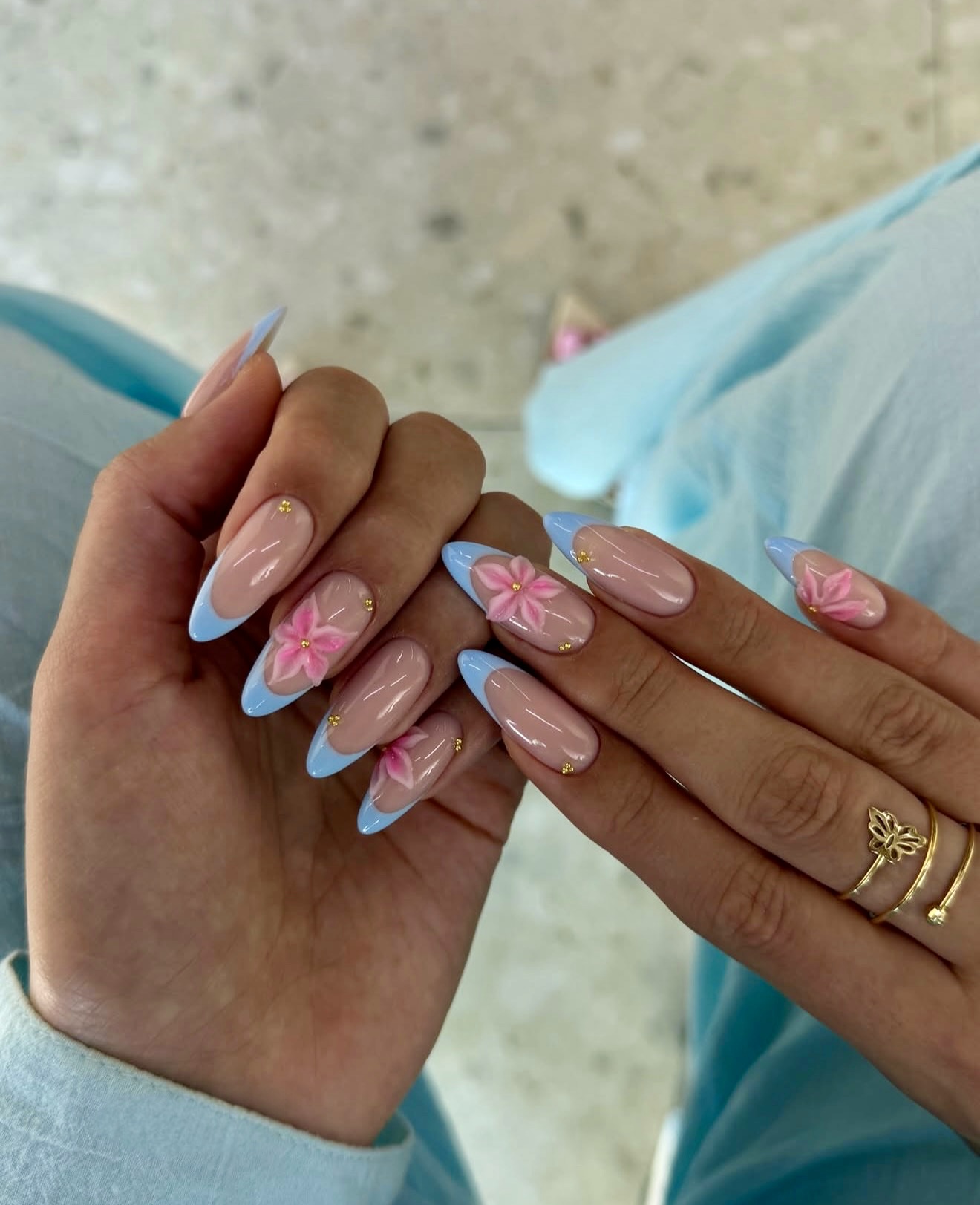 Baby Blue French Tip Nails with 3D Flowers