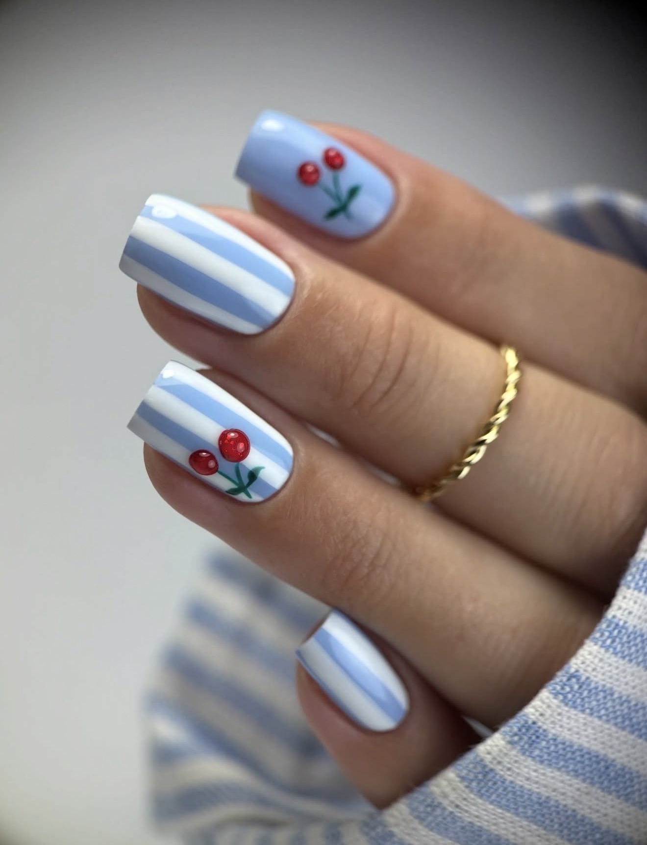 Baby Blue Stripe Cherry Blossom Nails
