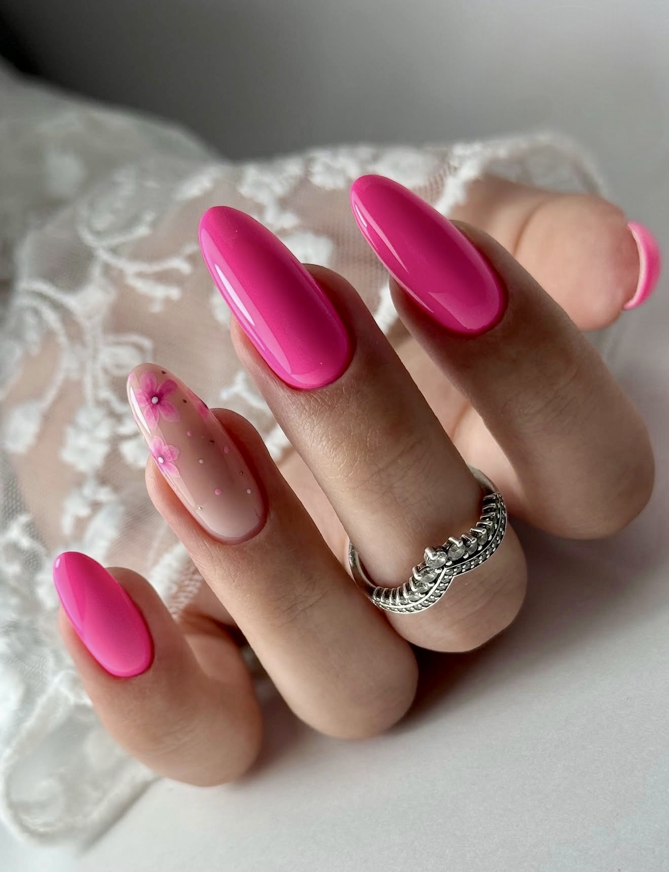 Barbie Pink Oval Nails with Floral Accents