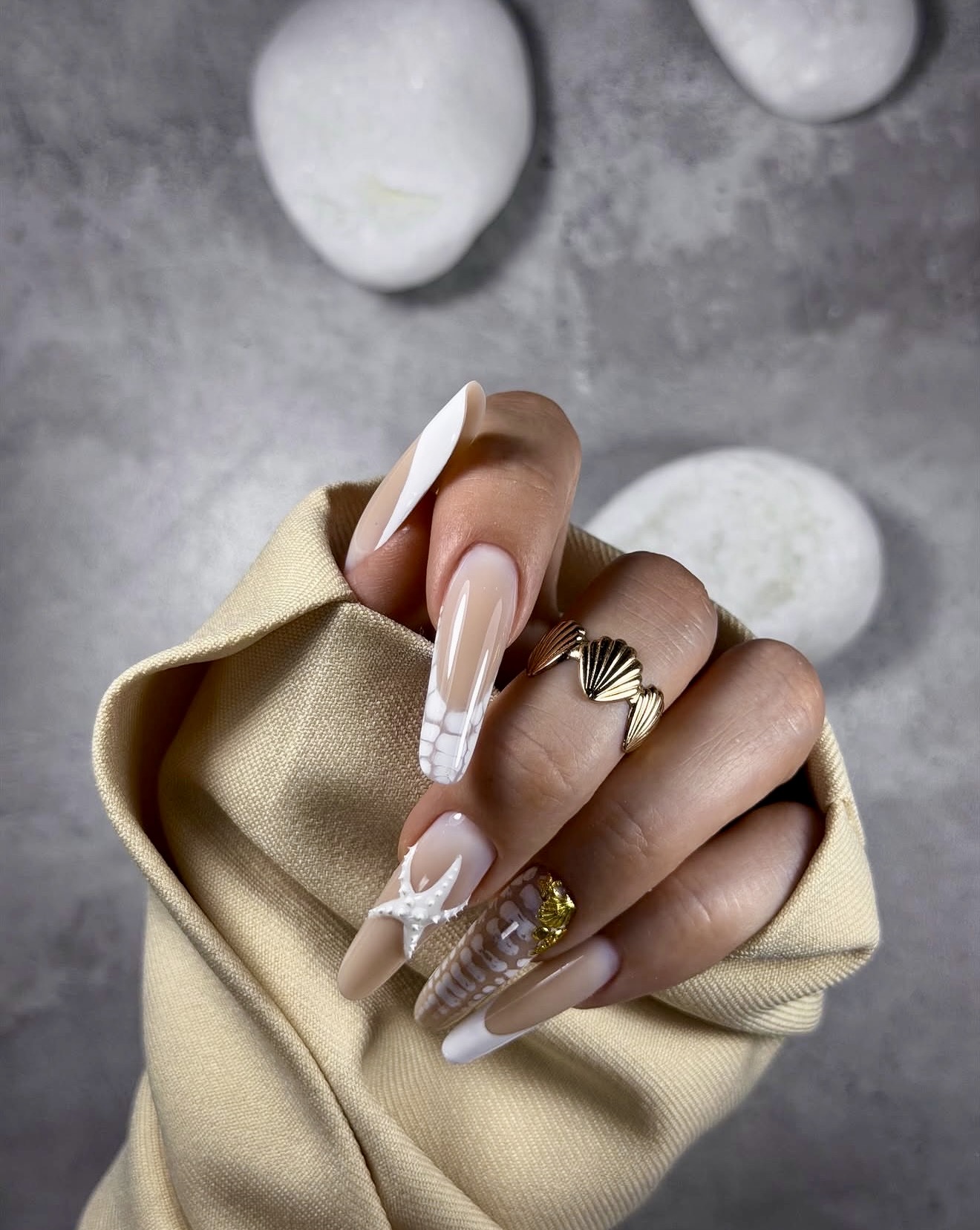 Beach Shell French Tip Coffin Nails