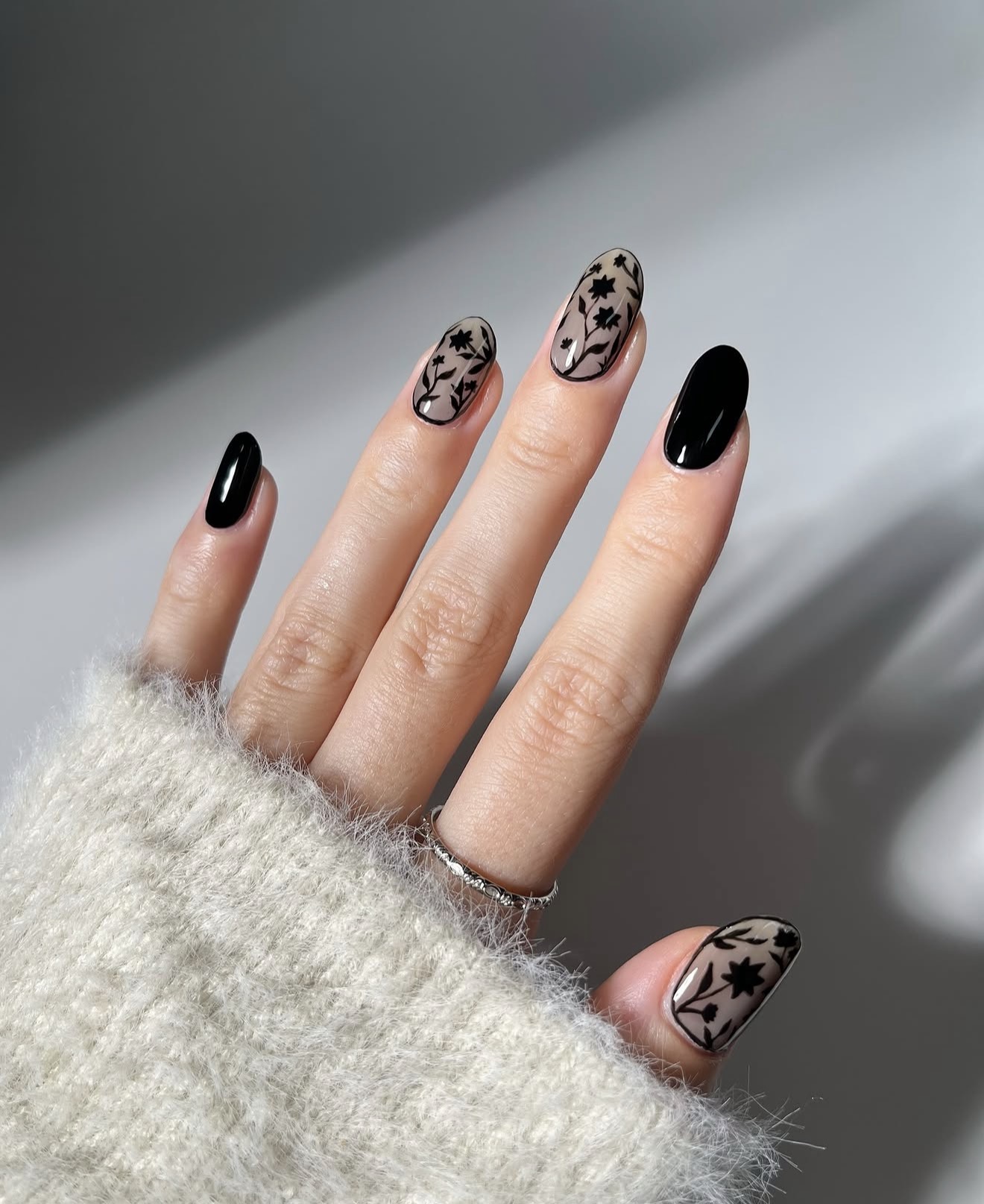 Black Floral Lace Overlay Oval Nails