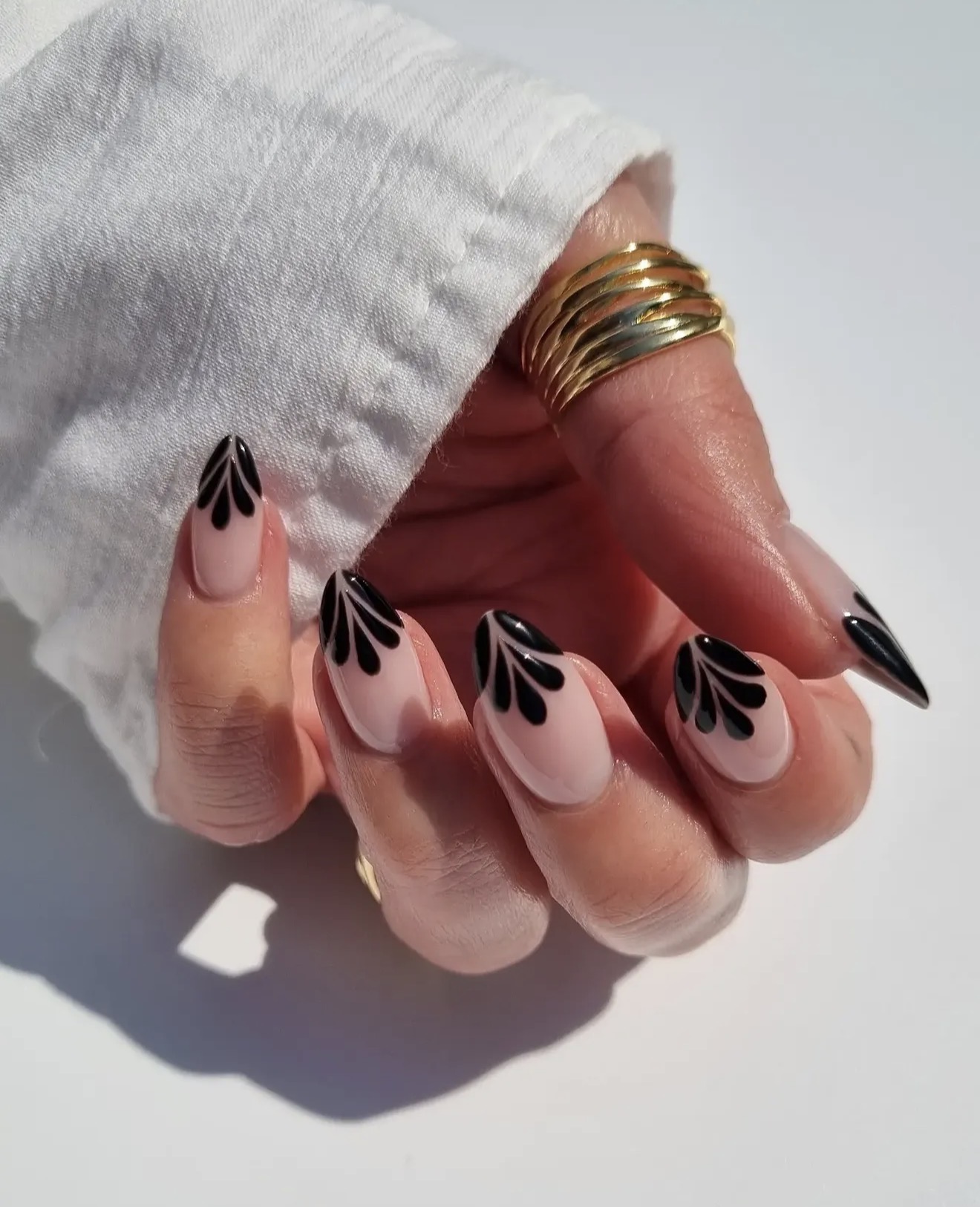 Black Leaf French Tip Almond Nails